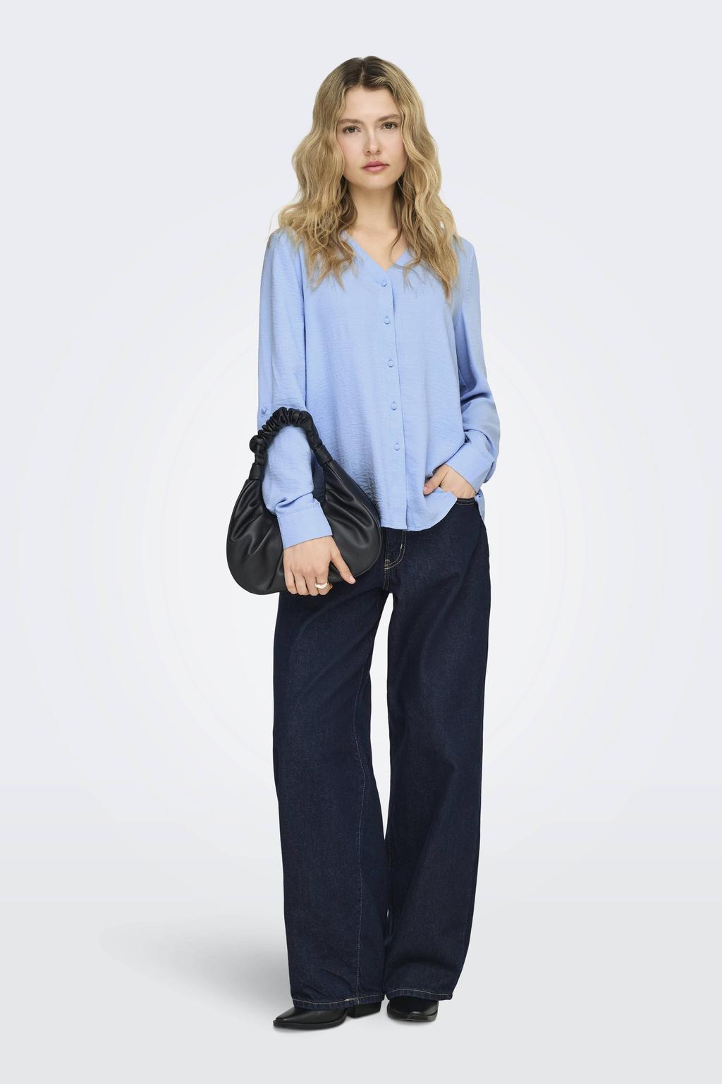 Blauwe dames ONLY blouse van polyester met effen, lange mouwen, V-hals, knoopsluiting en geweven detail