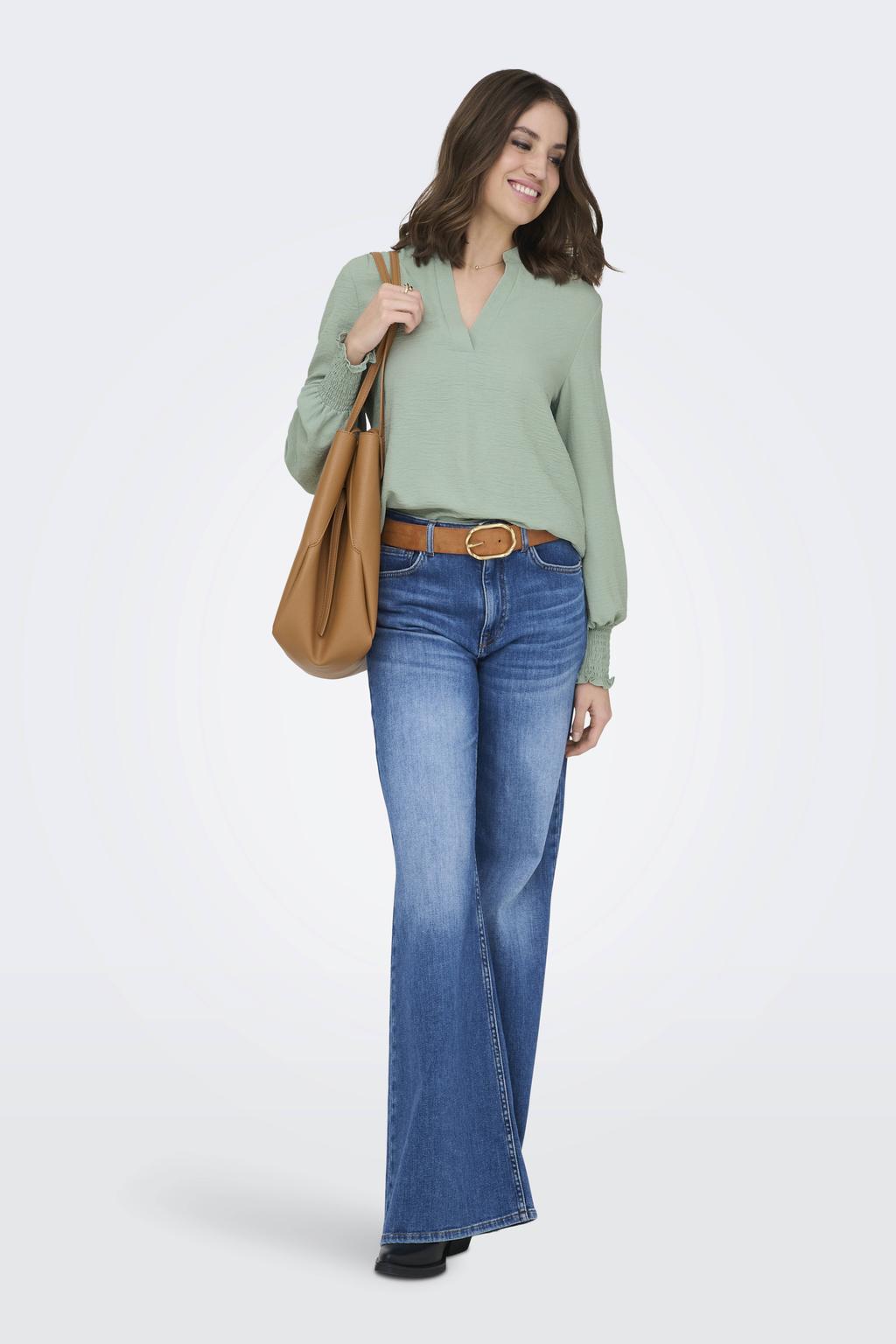 Groene dames ONLY blousetop van polyester met effen, lange mouwen, V-hals en smockwerk
