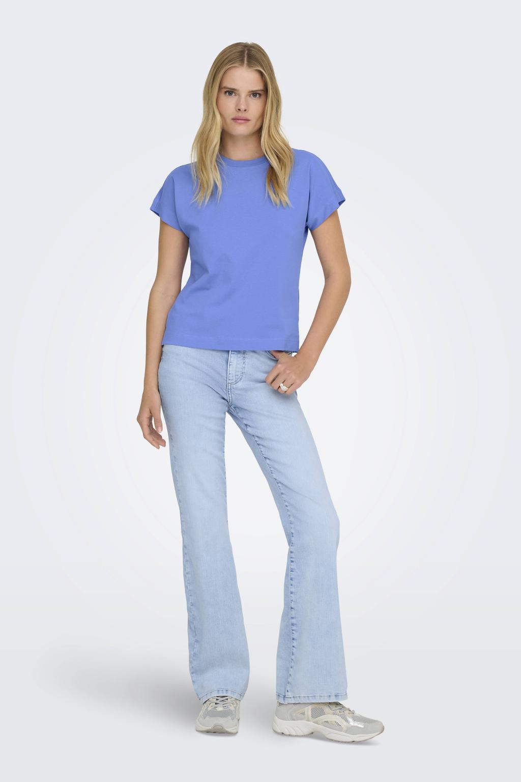 Blauwe dames ONLY T-shirt van katoen met effen, korte mouwen en ronde hals