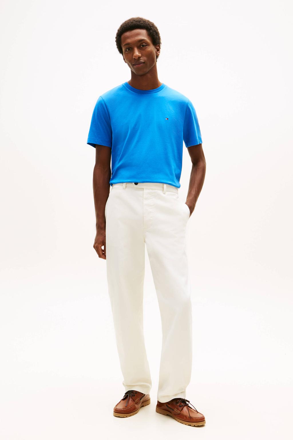 Blauwe heren Tommy Hilfiger regular T-shirt van katoen met effen, korte mouwen en ronde hals