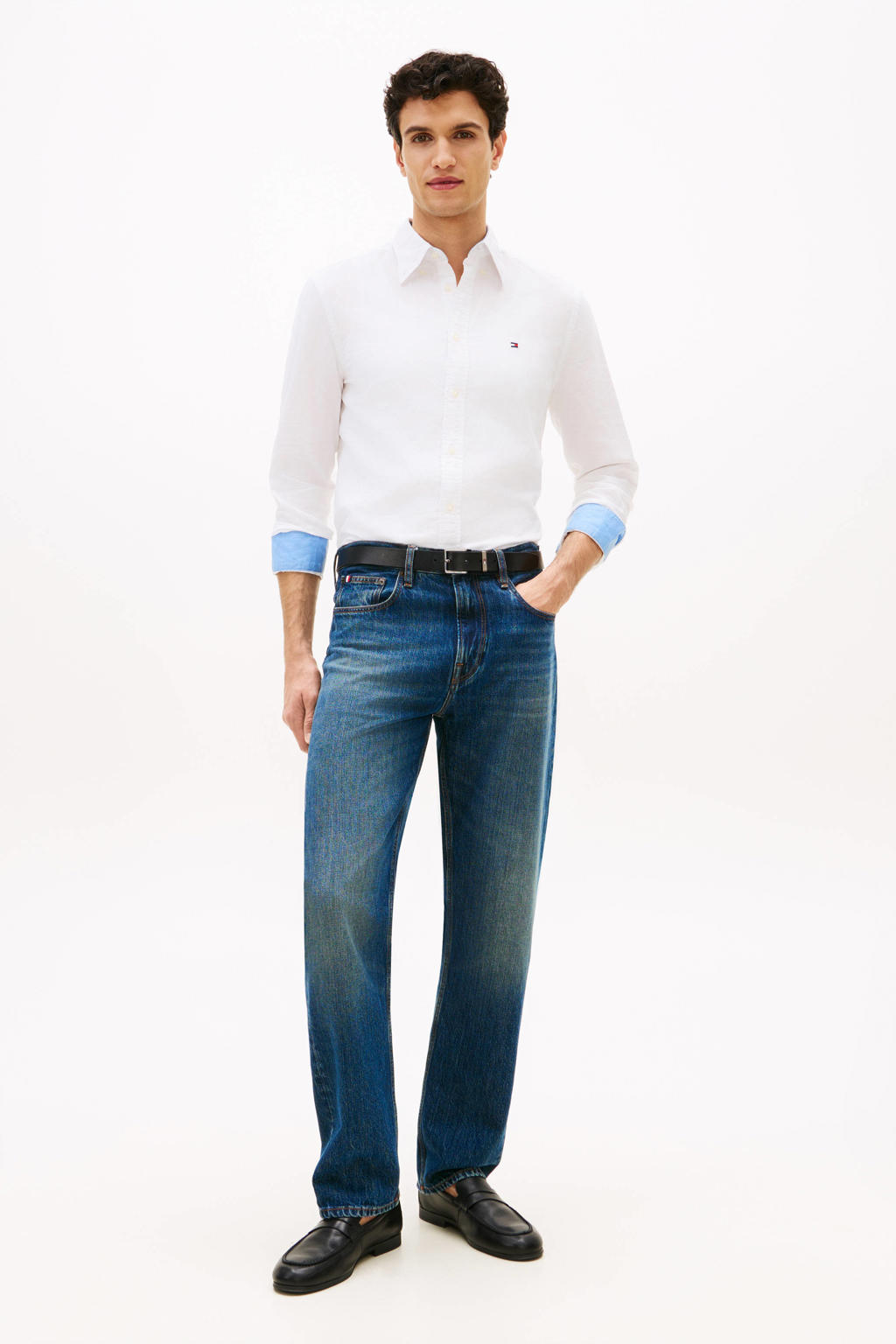 Witte heren Tommy Hilfiger regular casual overhemd van linnen met effen, lange mouwen, button down sluiting en knoopsluiting