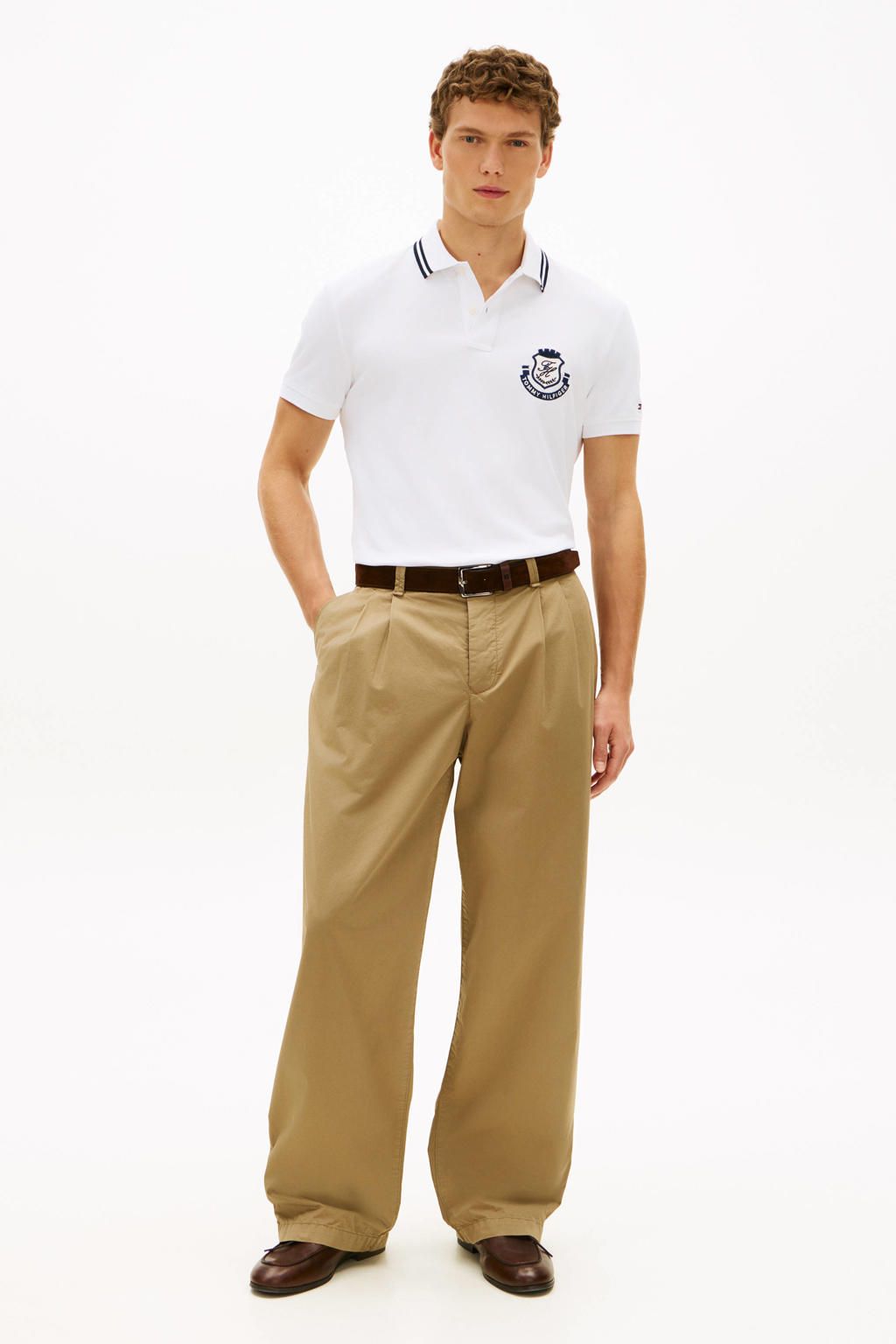 Witte heren Tommy Hilfiger regular polo van katoen met printopdruk, korte mouwen, knoopsluiting en pique
