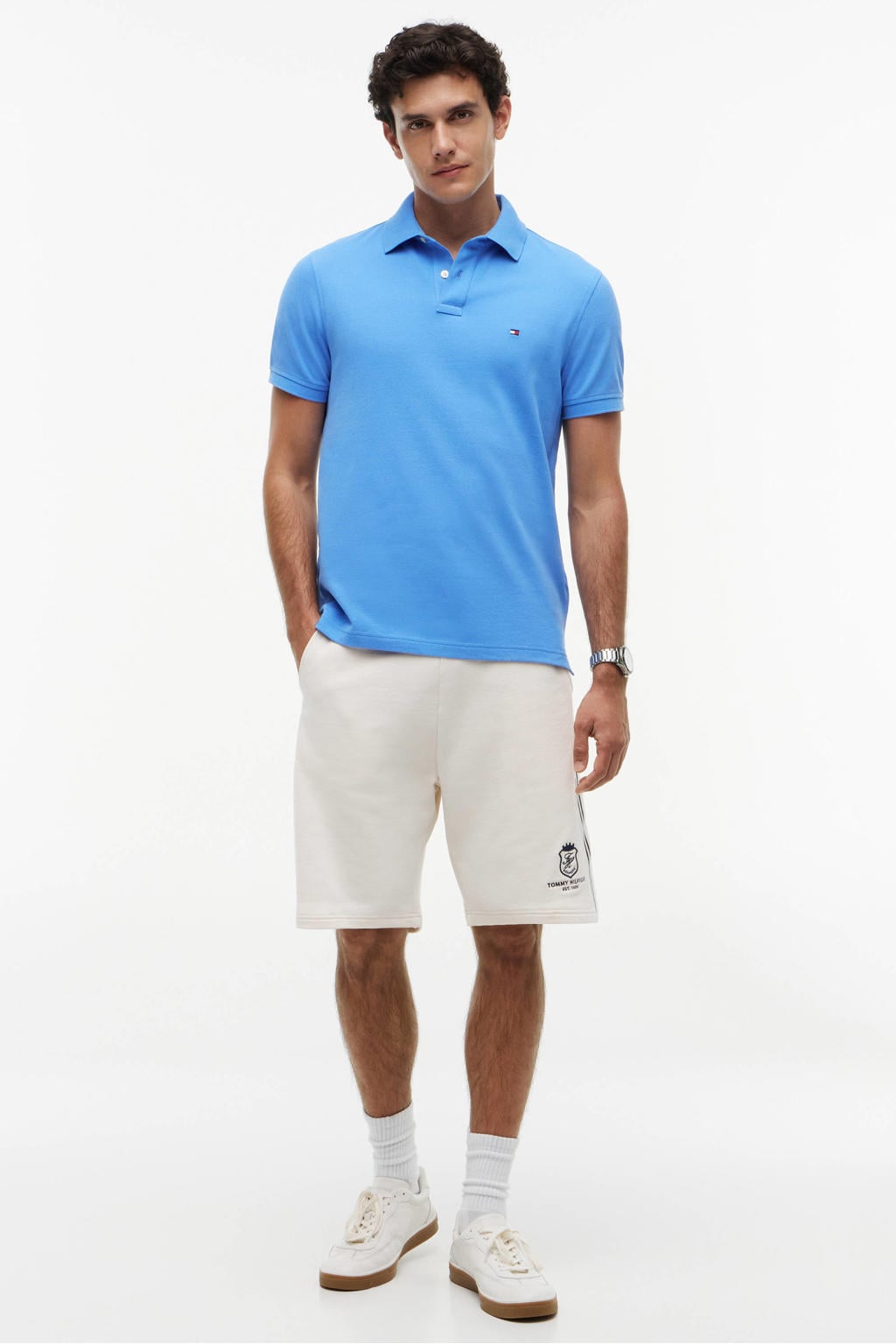 Blauwe heren Tommy Hilfiger regular polo van katoen met effen, korte mouwen en knoopsluiting