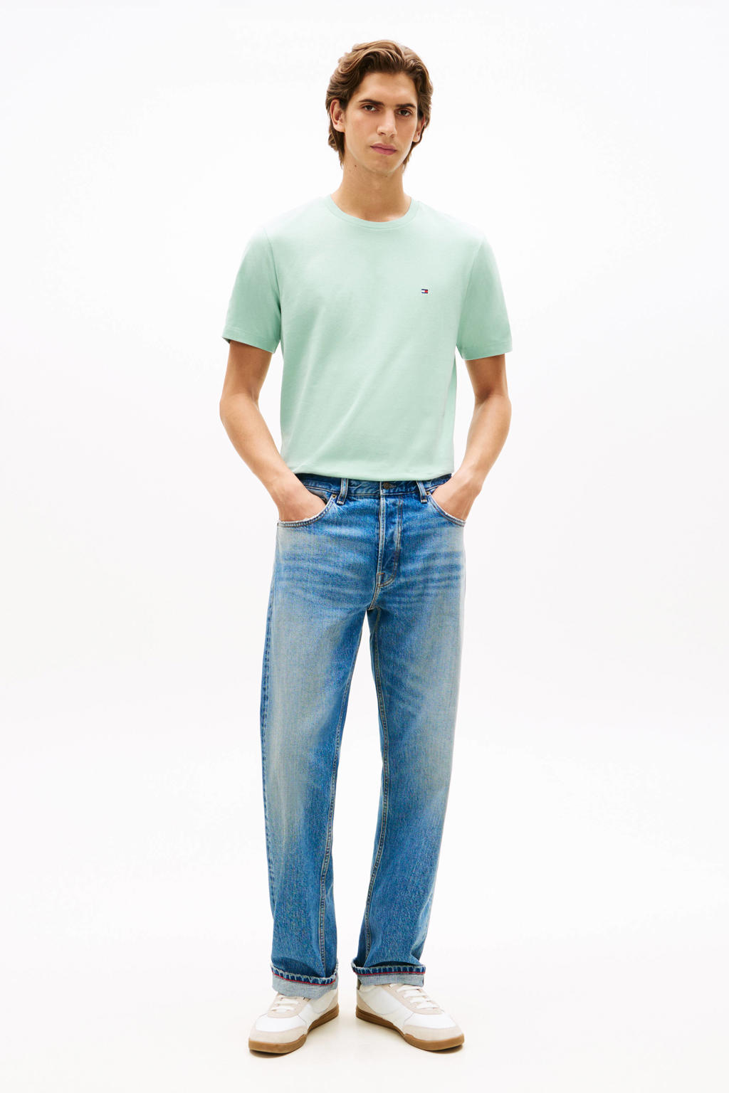 Mintgroene heren Tommy Hilfiger regular T-shirt van katoen met effen, korte mouwen en ronde hals