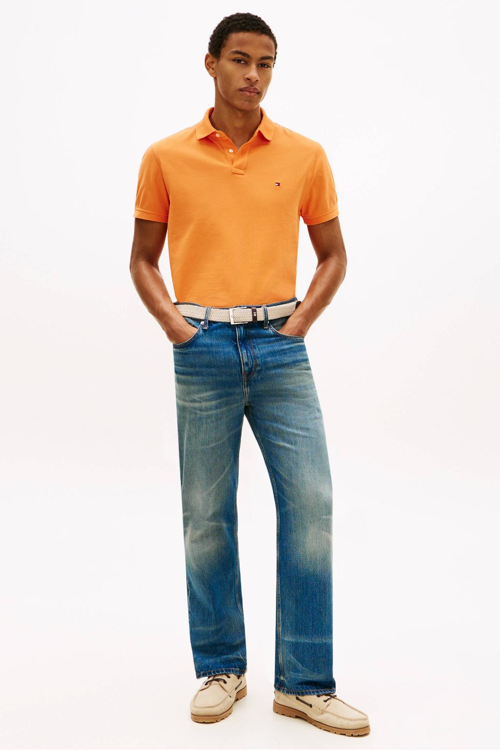 Oranje heren Tommy Hilfiger regular polo van katoen met effen, korte mouwen, knoopsluiting en pique