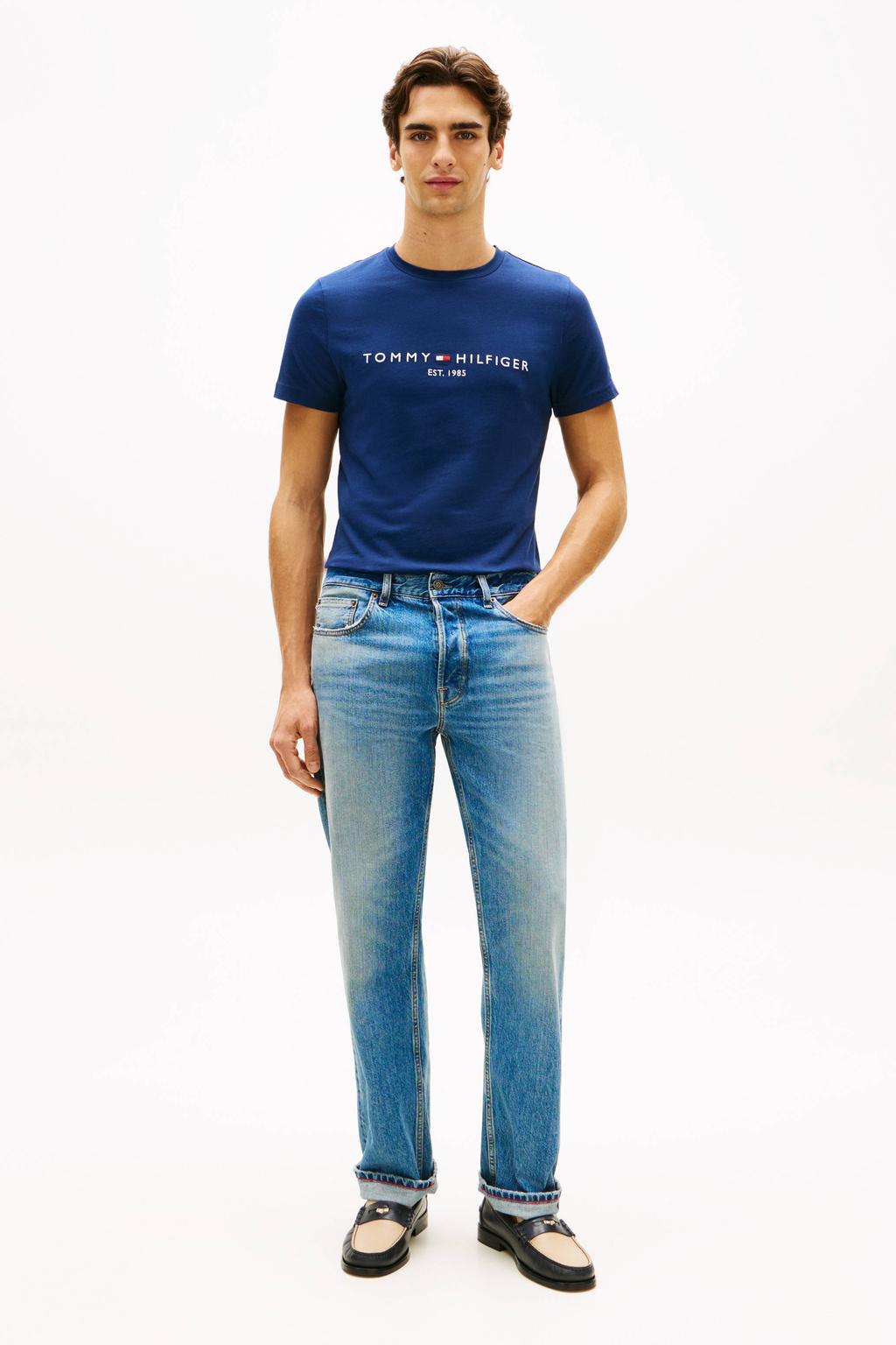Marineblauw heren Tommy Hilfiger slim T-shirt blauw van katoen met printopdruk, korte mouwen en ronde hals