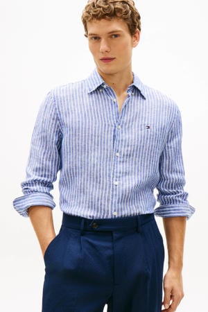 regular gestreept casual overhemd met linnen blauw