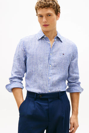 regular gestreept casual overhemd met linnen blauw