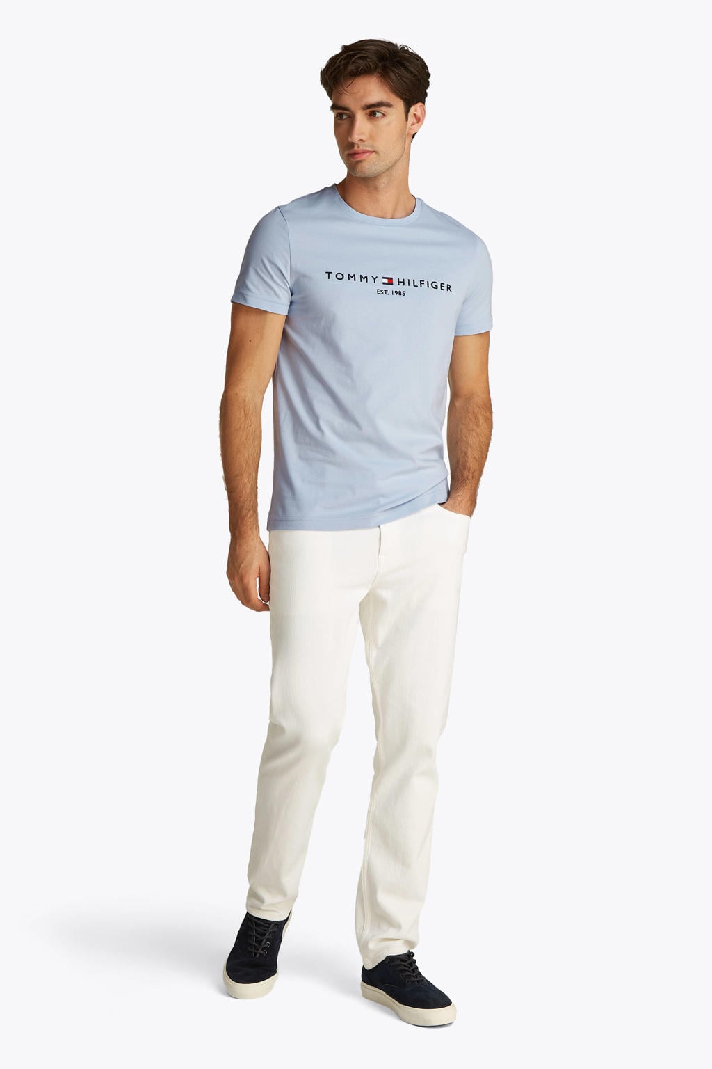 Lichtblauwe heren Tommy Hilfiger slim T-shirt van katoen met printopdruk, korte mouwen en ronde hals