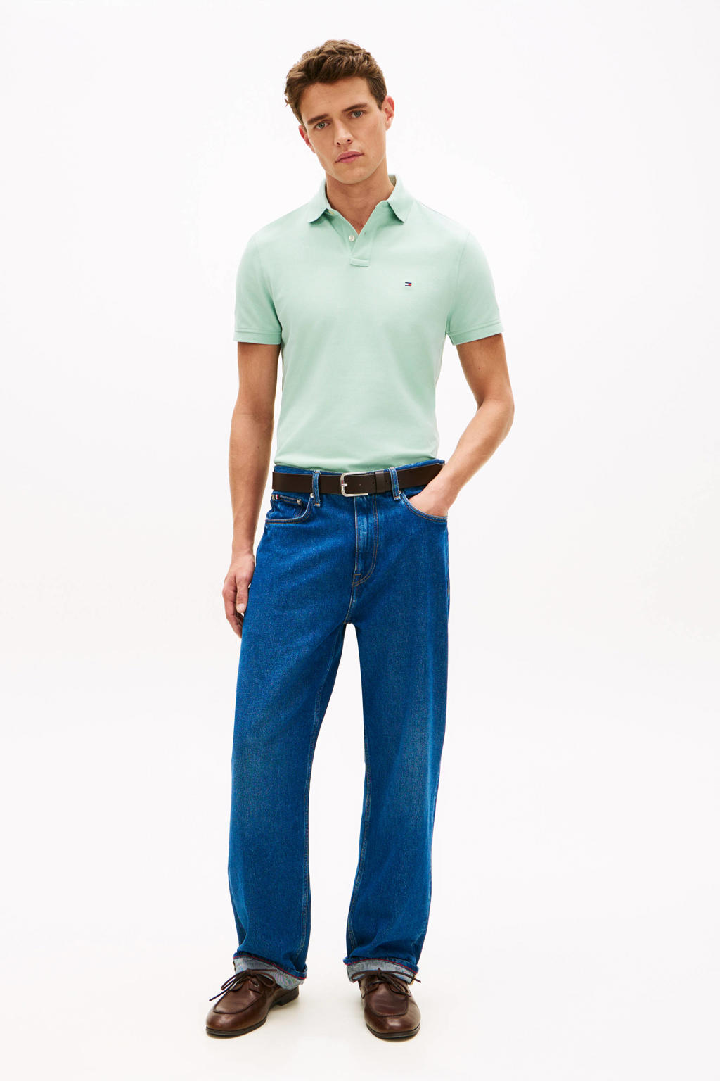Mintgroene heren Tommy Hilfiger regular polo van katoen met effen, korte mouwen, knoopsluiting en pique