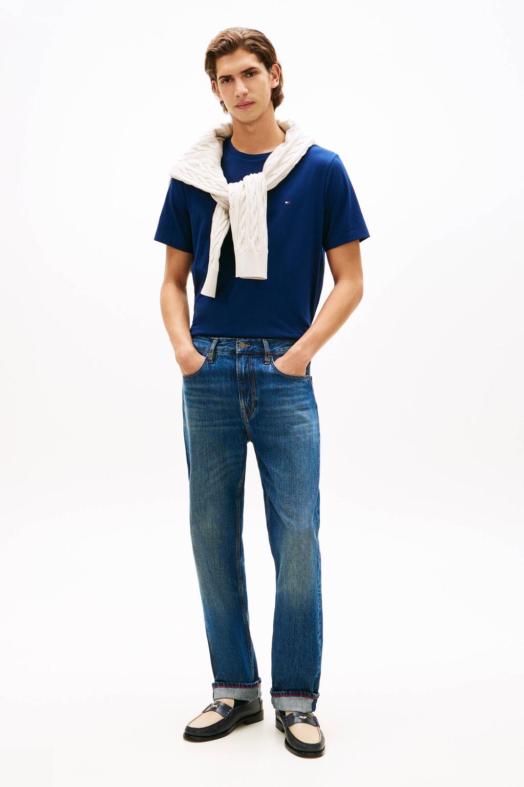 Marineblauw heren Tommy Hilfiger regular T-shirt blauw van katoen met effen, korte mouwen en ronde hals