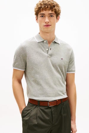 regular polo met linnen fijn gebreid grijsgroen