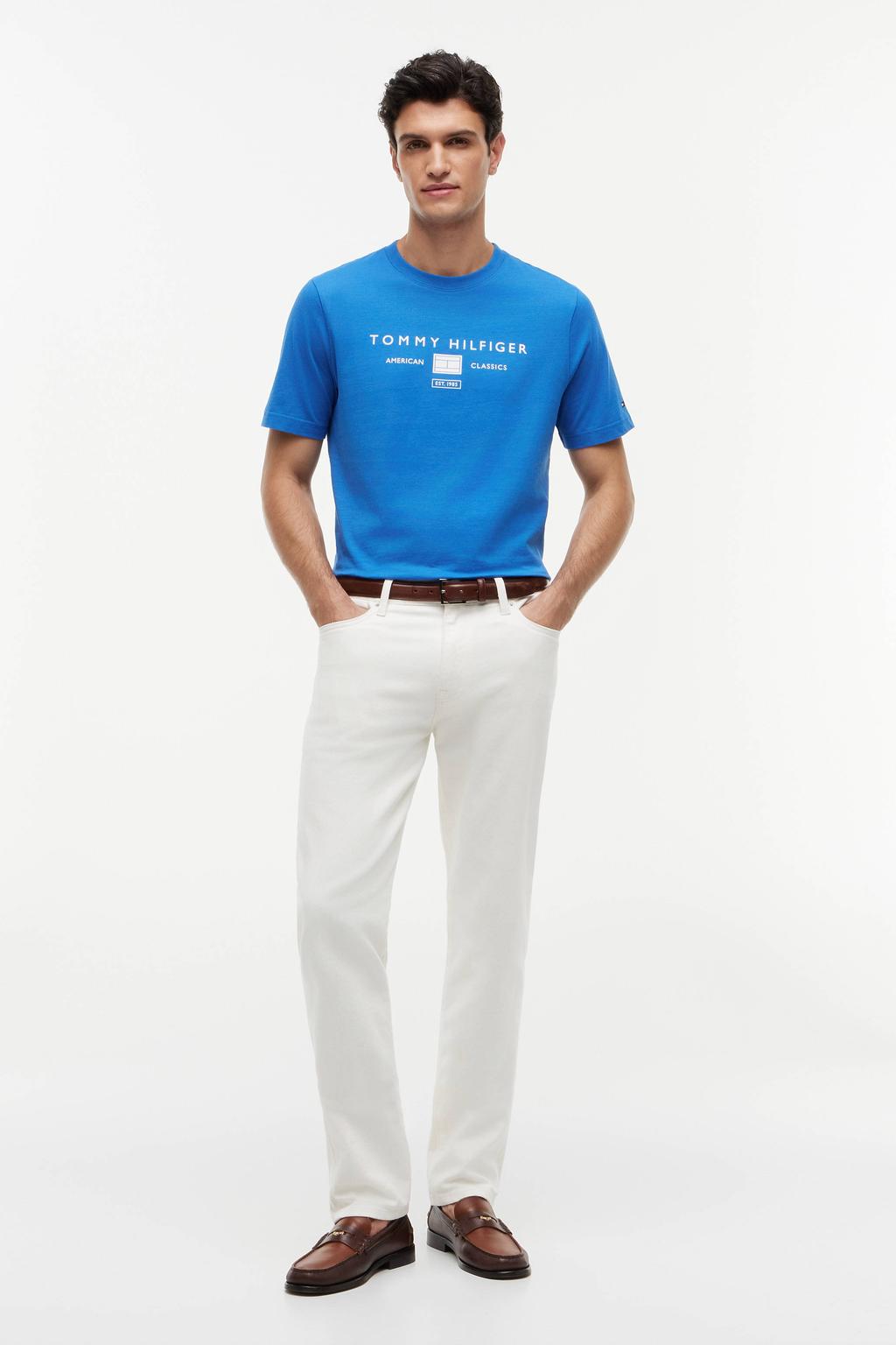 Blauwe heren Tommy Hilfiger regular T-shirt van katoen met logo dessin, korte mouwen en ronde hals