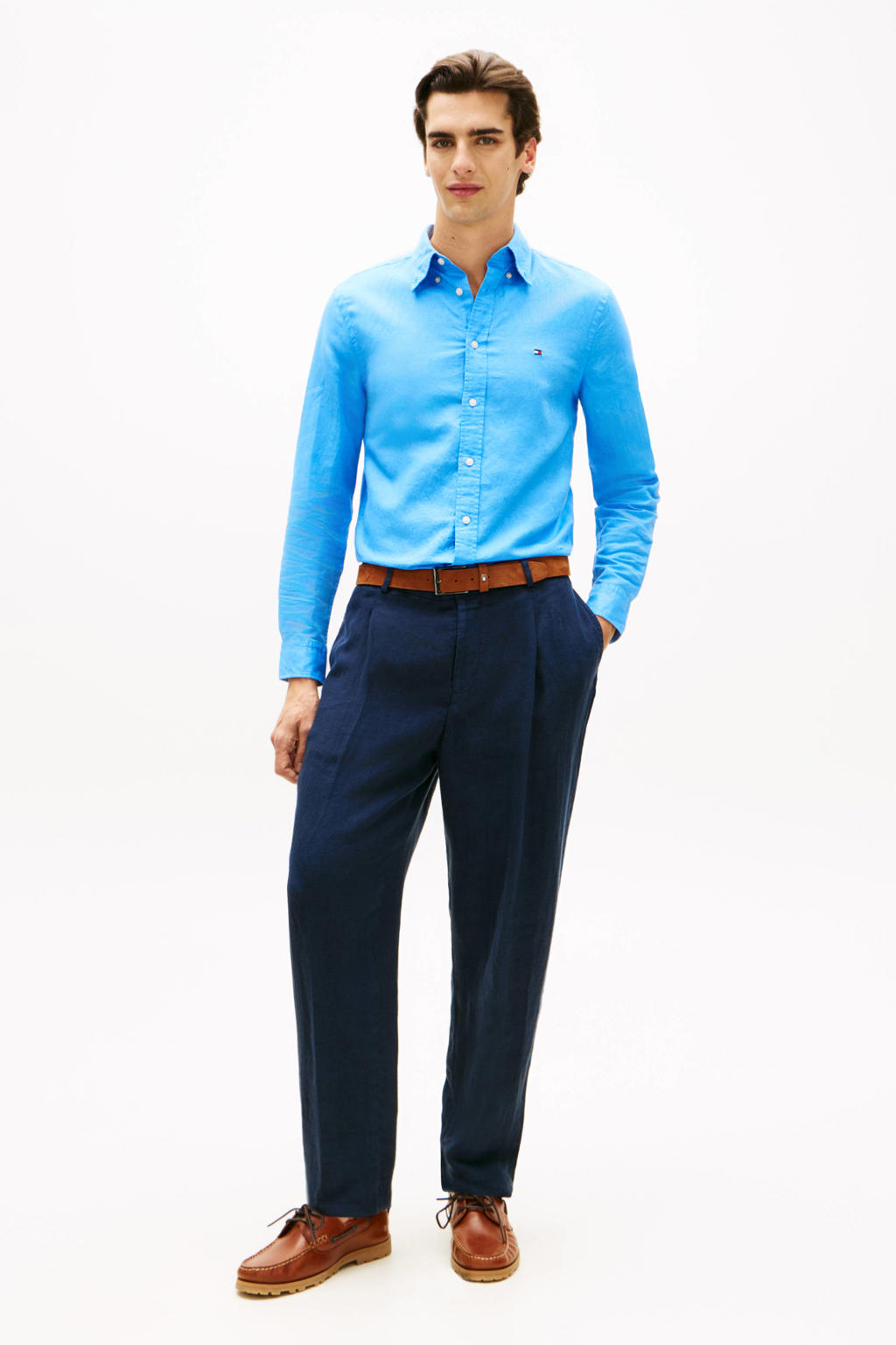 Blauwe heren Tommy Hilfiger regular casual overhemd van linnen met effen, lange mouwen, button down sluiting en knoopsluiting