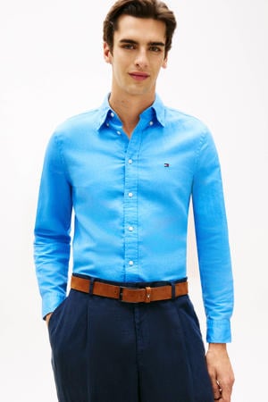 regular casual overhemd met linnen blauw