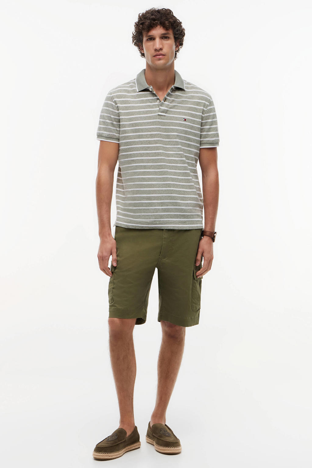 Grijsgroene heren Tommy Hilfiger regular gestreepte polo fijn gebreid groen van linnen met korte mouwen en pique