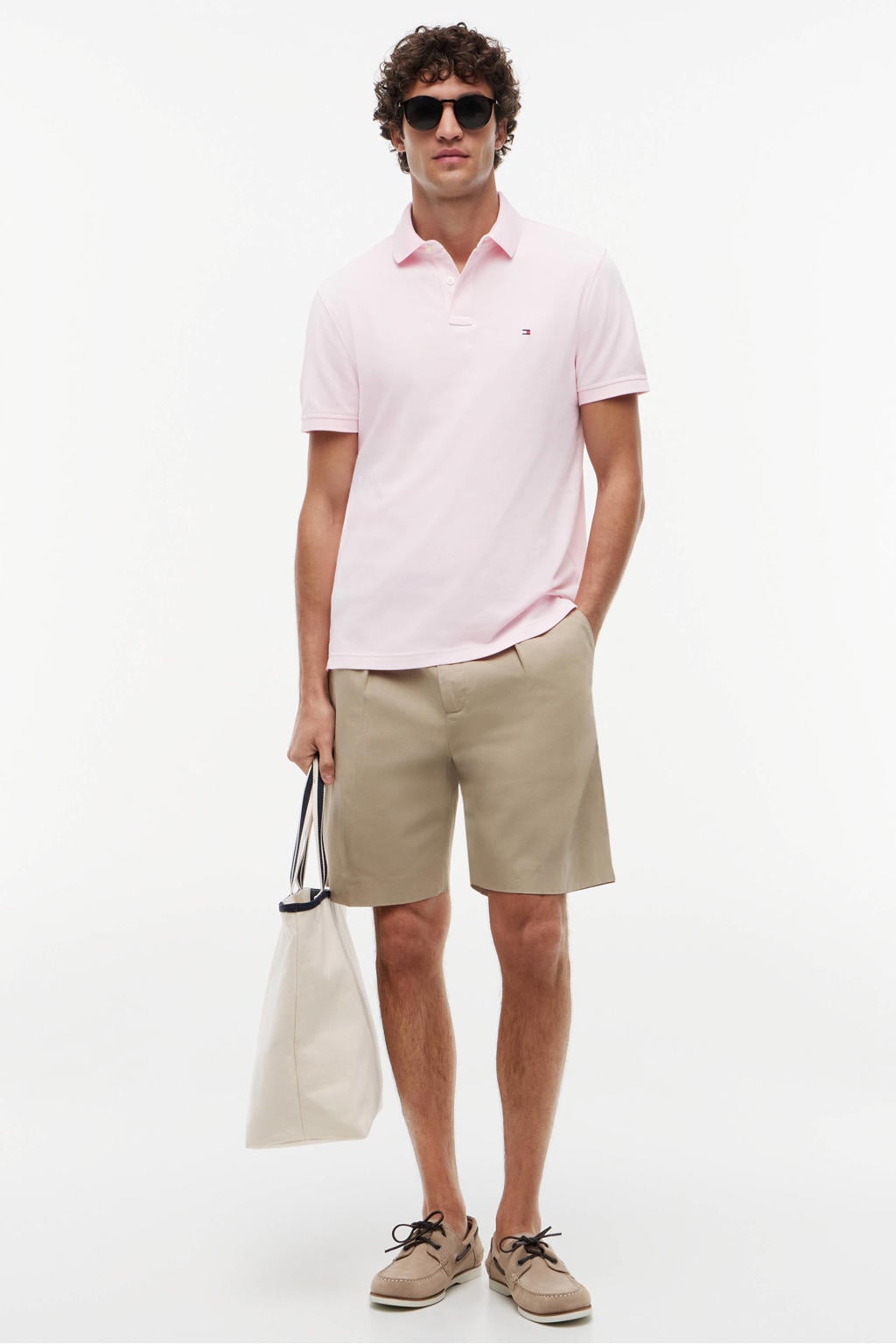 Lichtroze heren Tommy Hilfiger regular polo van katoen met effen, korte mouwen, knoopsluiting en pique