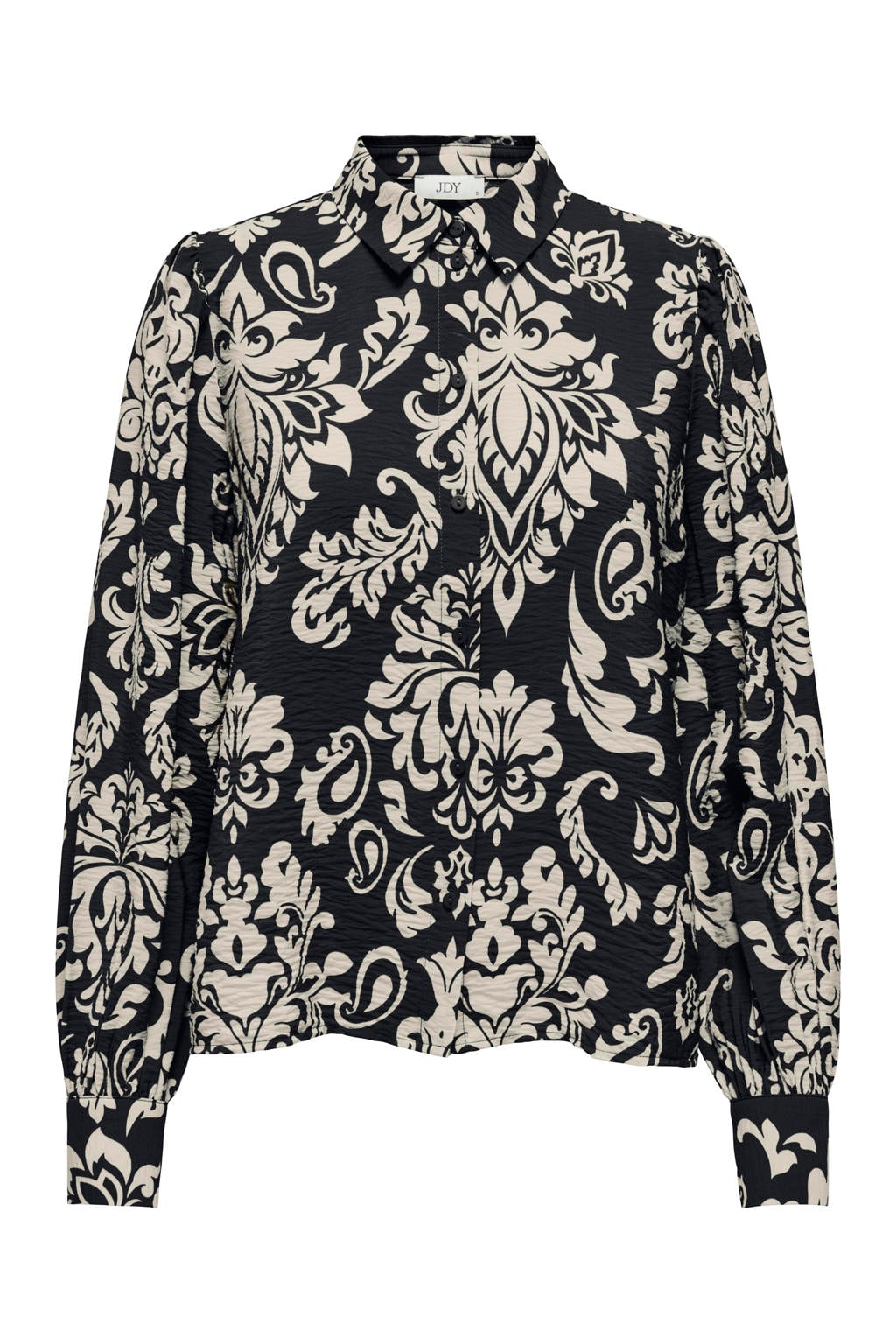 Zwart en ecru dames JDY blouse van modal met lange mouwen, klassieke kraag, knoopsluiting en geweven detail