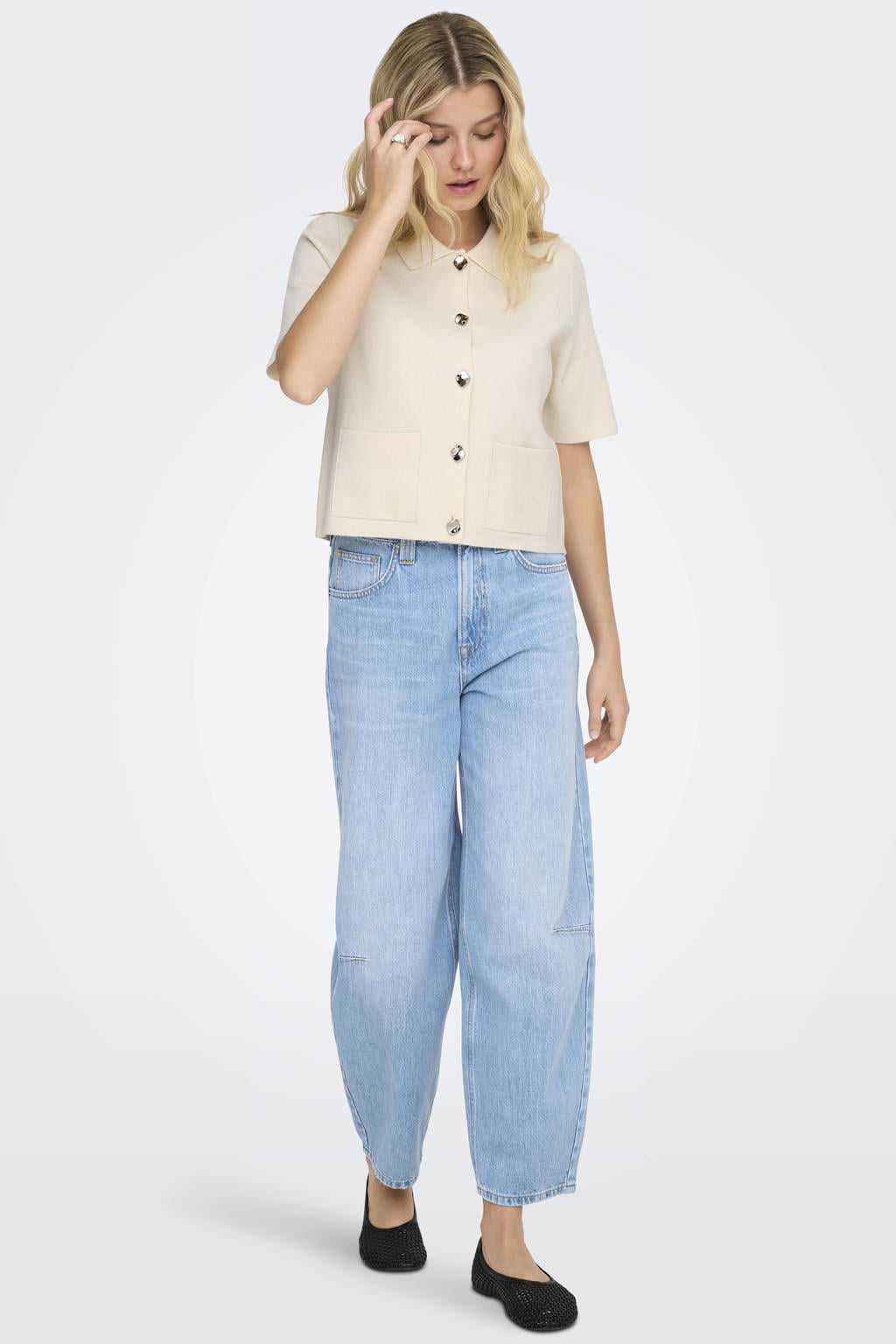 Ecru dames JDY blouse gebreid van polyester met effen, korte mouwen, klassieke kraag en knoopsluiting