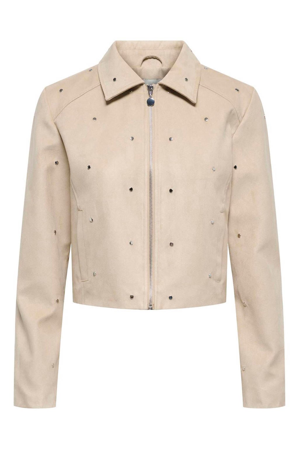 Beige dames JDY zomerjas van suèdelook met stippenprint, lange mouwen, widespread hals, ritssluiting en studs
