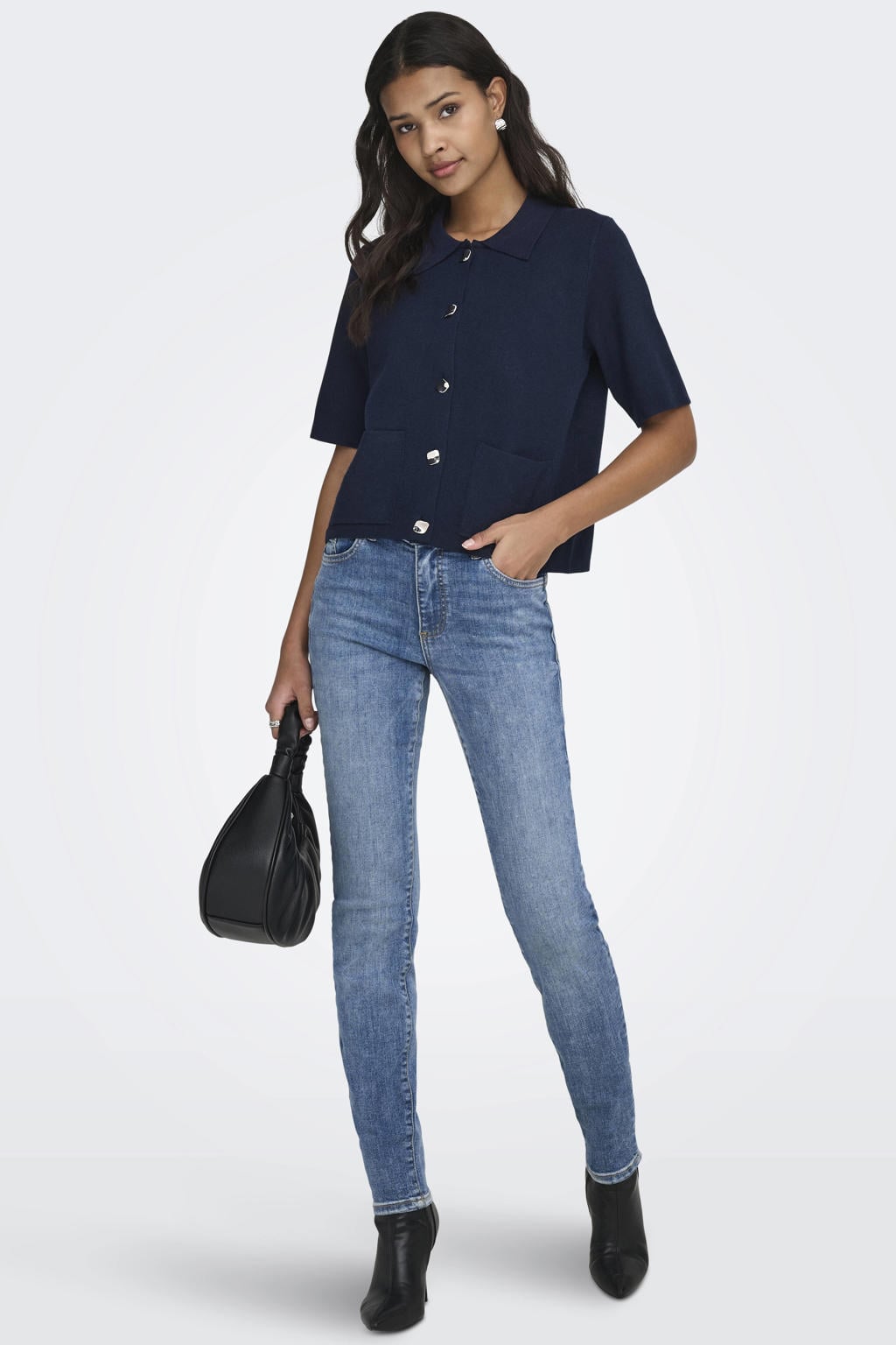 Blauwe dames JDY blouse gebreid van polyester met effen, korte mouwen, klassieke kraag en knoopsluiting