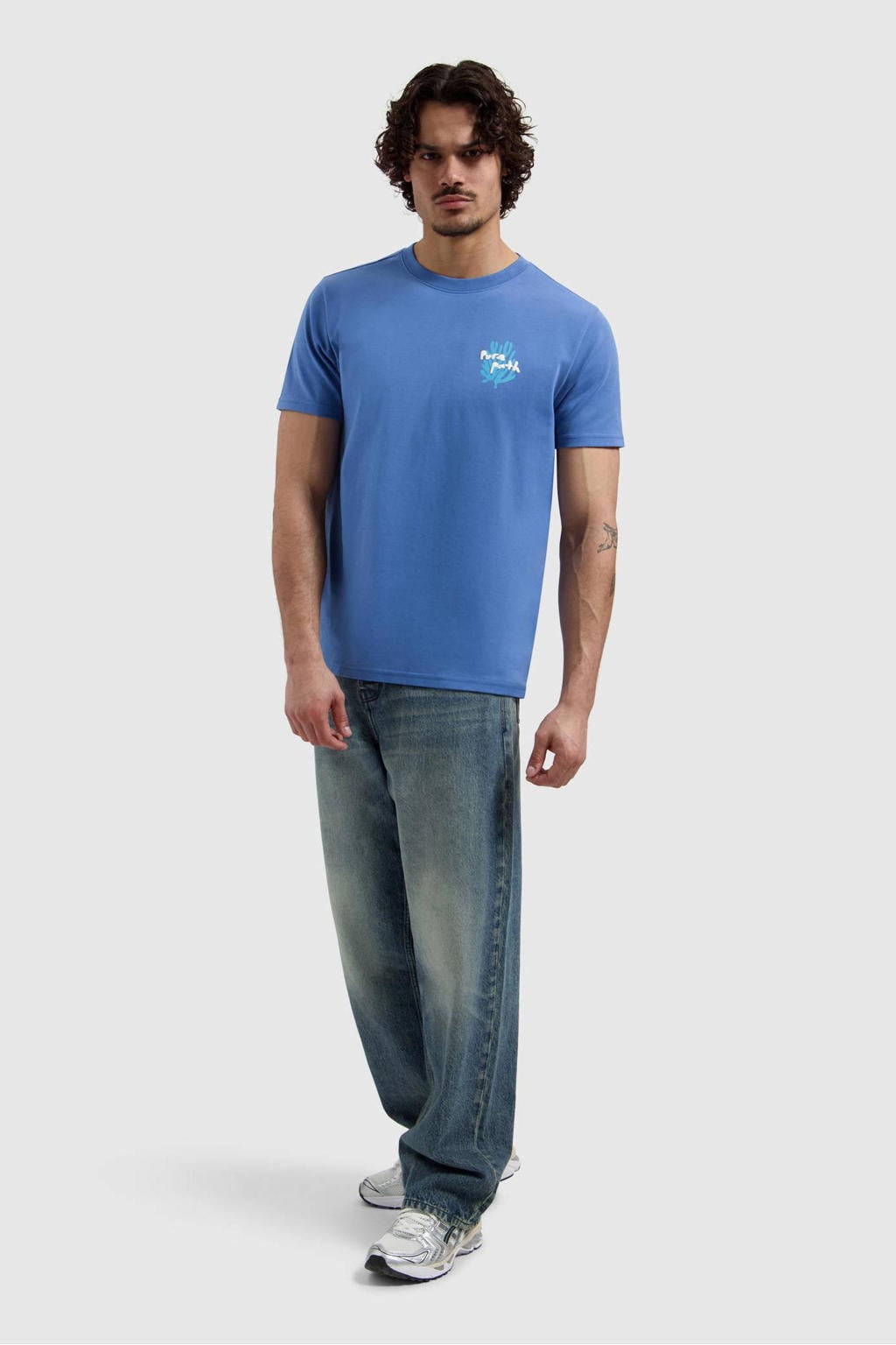 Blauwe heren Pure Path regular T-shirt van katoen met backprint, korte mouwen en ronde hals