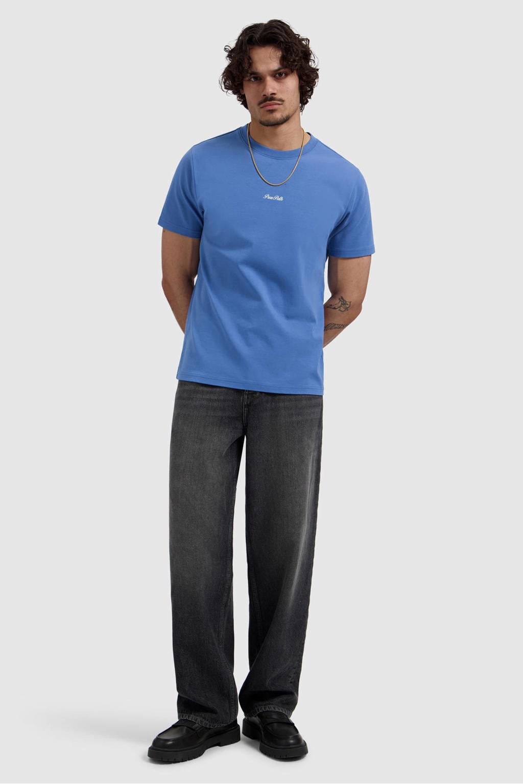Blauwe heren Pure Path regular T-shirt van katoen met backprint, korte mouwen en ronde hals