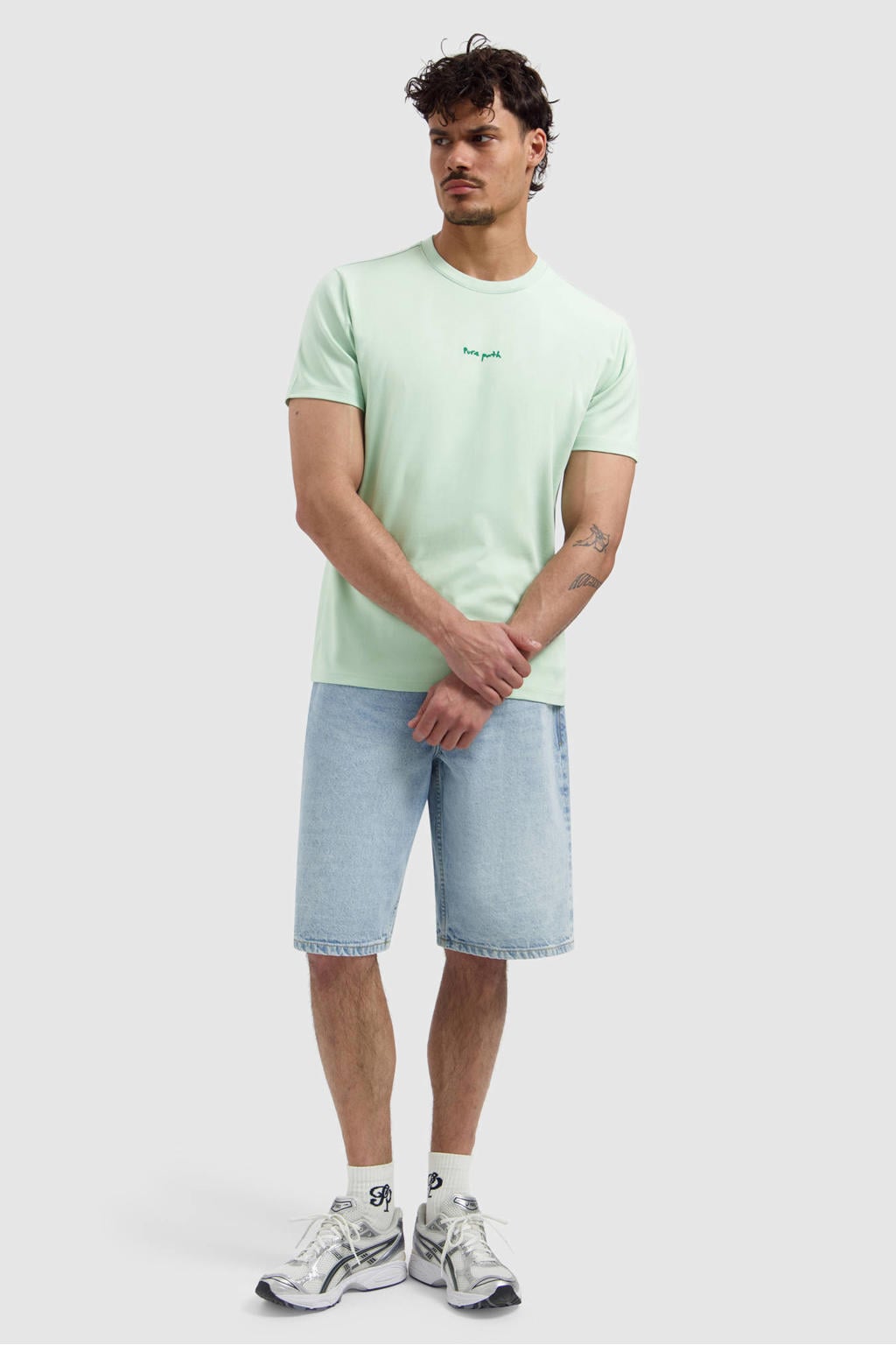 Lichtgroene heren Pure Path regular T-shirt van katoen met backprint, korte mouwen en ronde hals