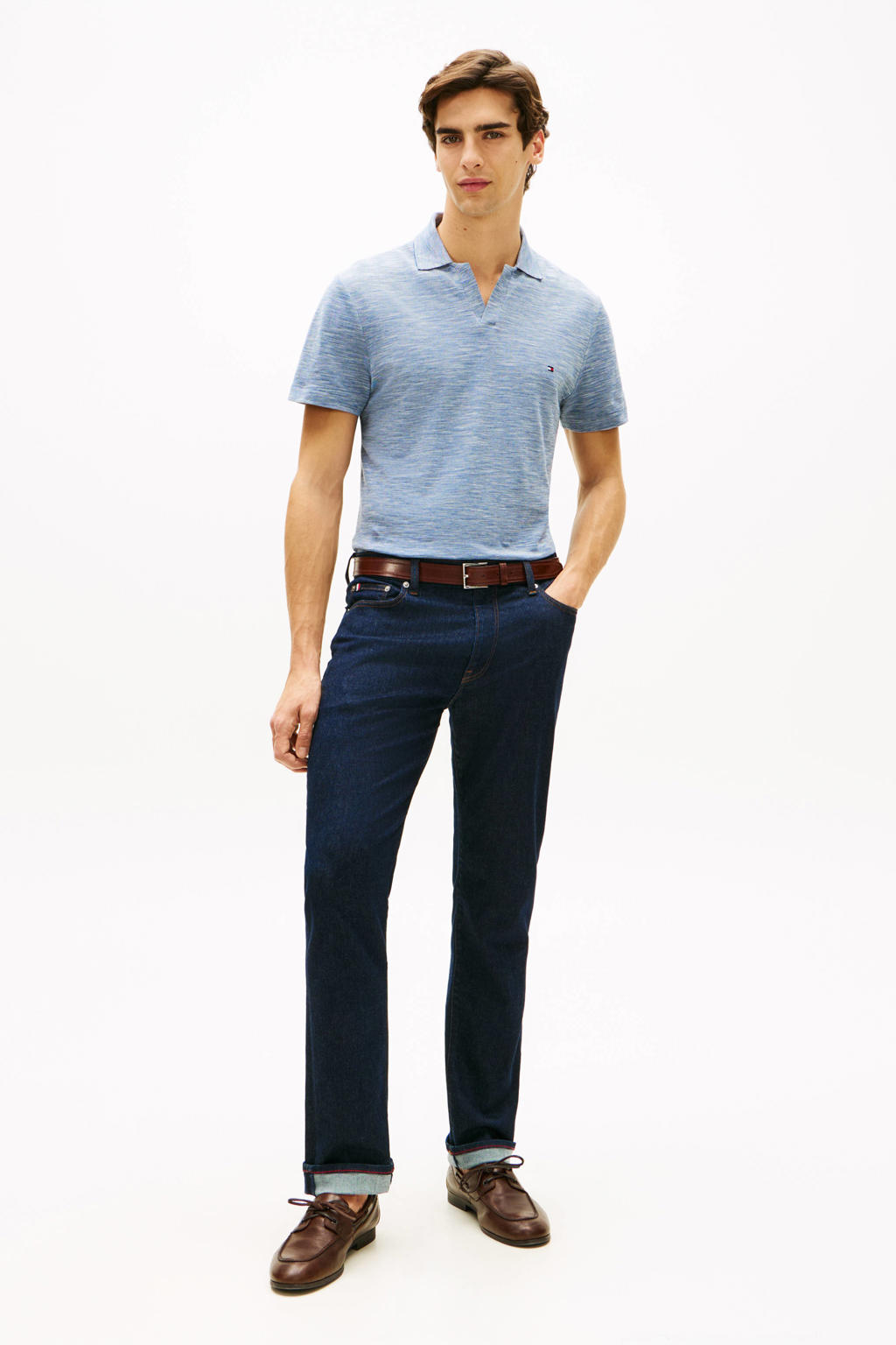 Blauwe heren Tommy Hilfiger regular polo van katoen met melée print en korte mouwen
