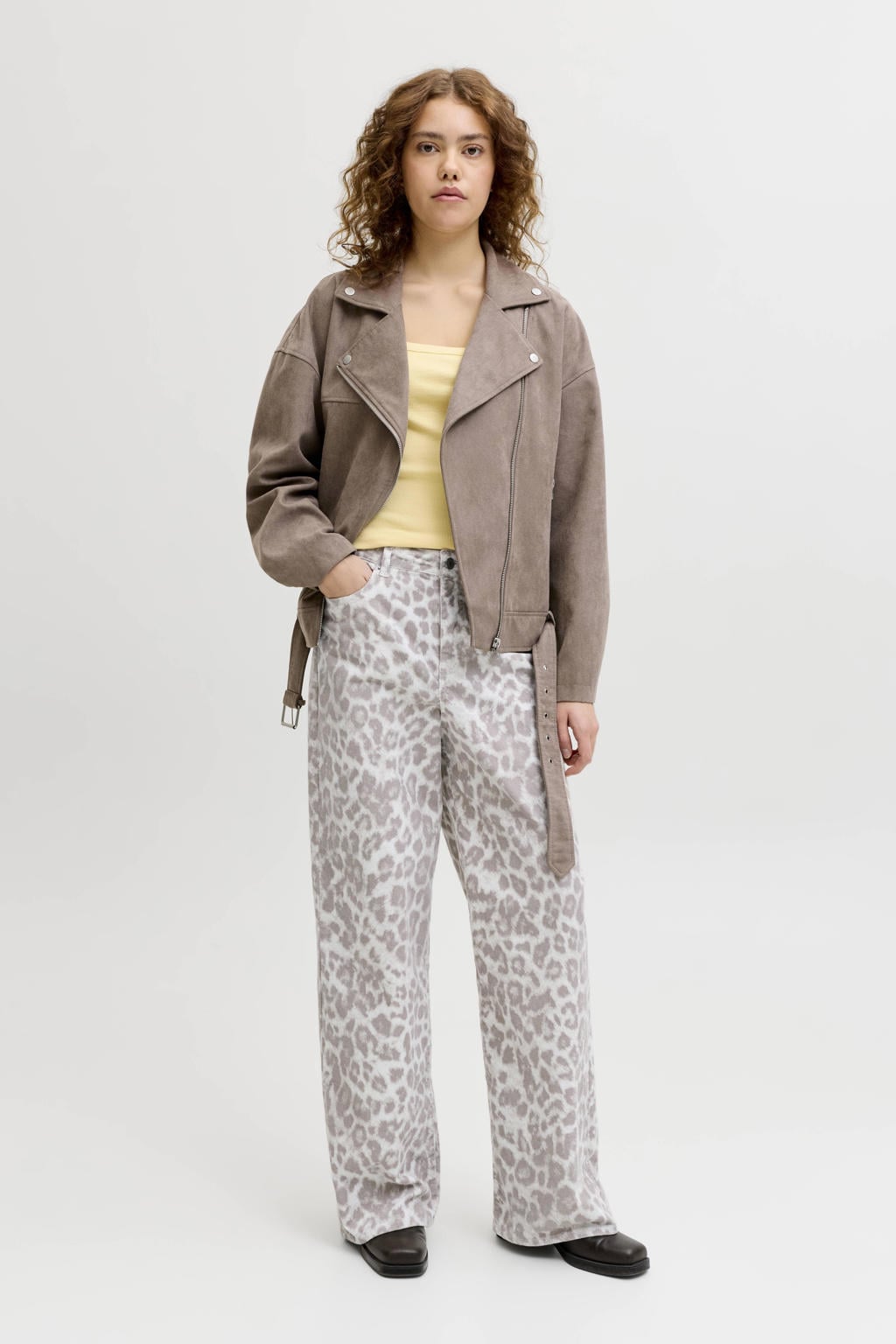 Grijs en ecru dames JJXX high waist wide leg jeans van corduroy met rits- en knoopsluiting en dierenprint
