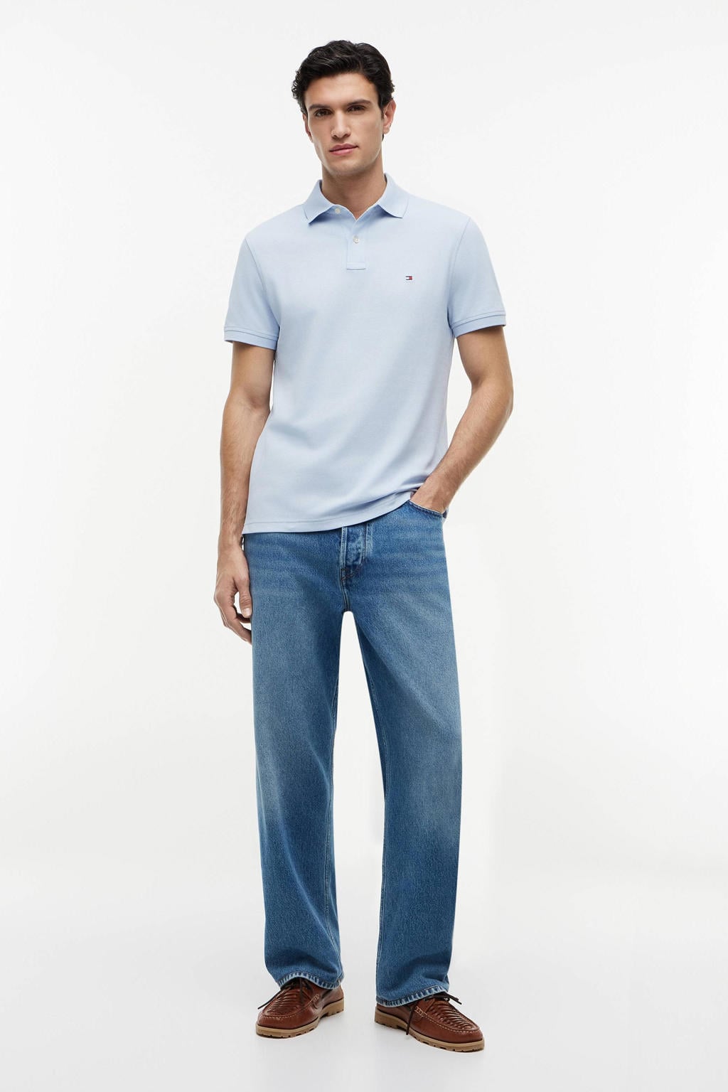 Lichtblauwe heren Tommy Hilfiger regular polo van katoen met effen, korte mouwen en knoopsluiting