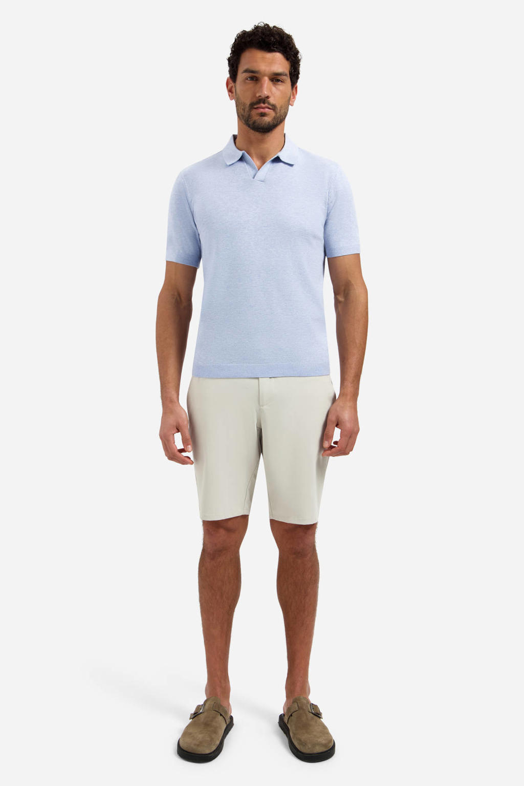 Lichtblauwe heren No Excess regular polo fijn gebreid van katoen met melée print en korte mouwen