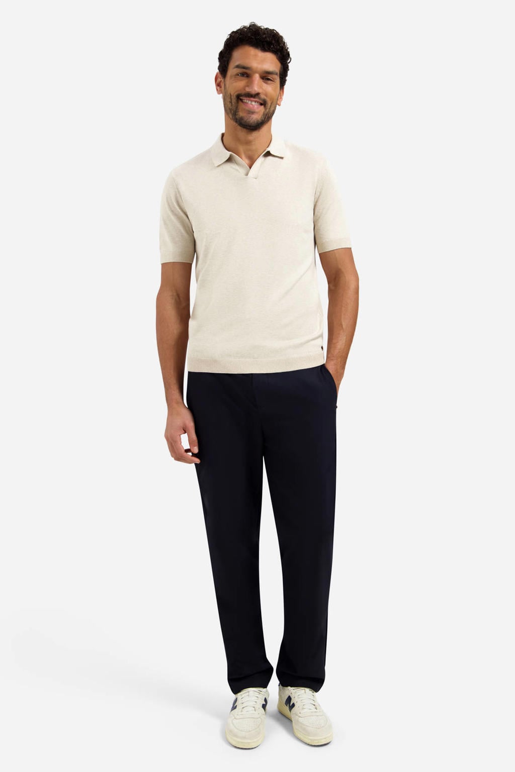 Beige heren No Excess regular polo fijn gebreid van katoen met melée print en korte mouwen