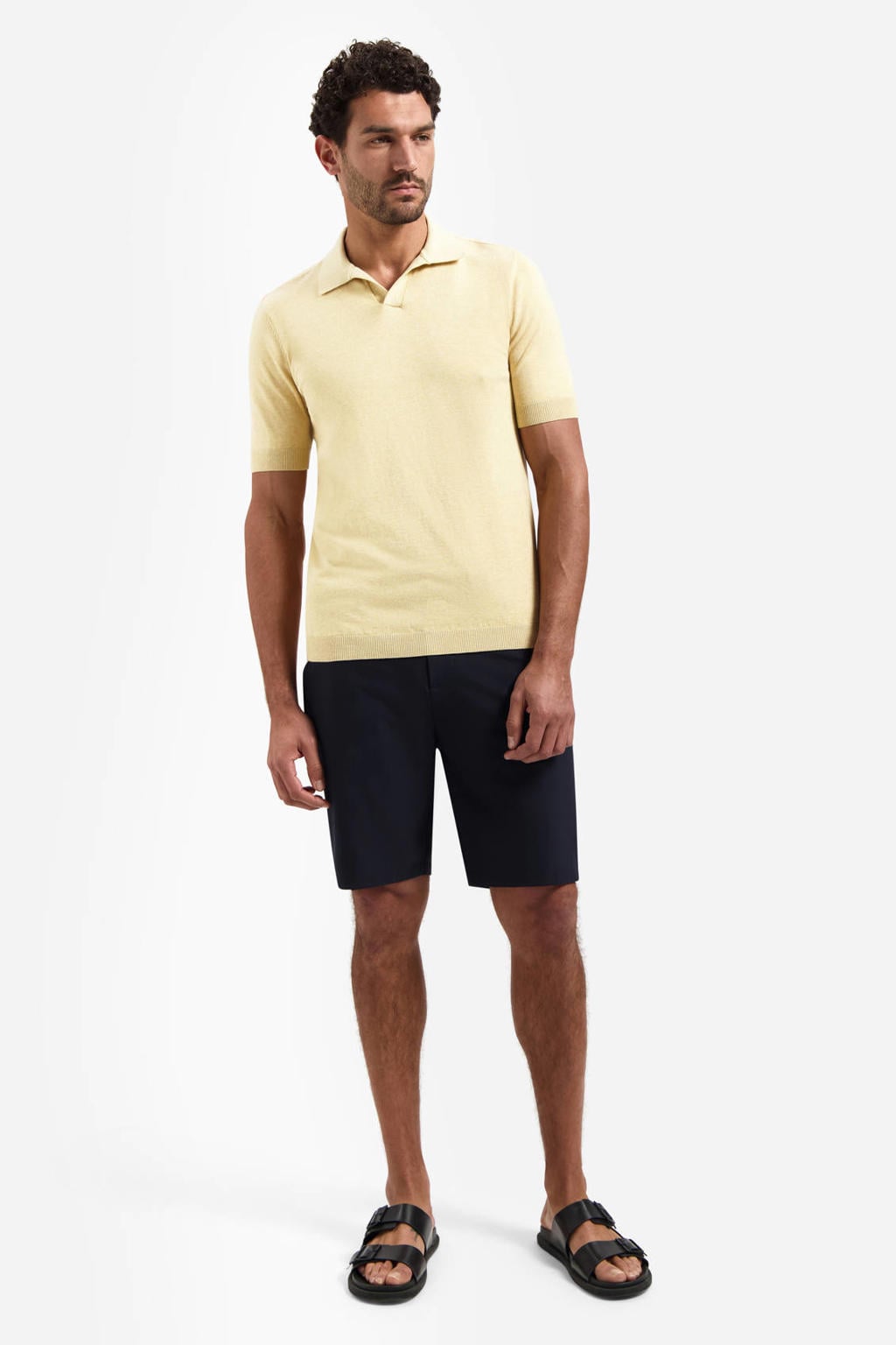 Gele heren No Excess regular polo fijn gebreid van katoen met melée print en korte mouwen