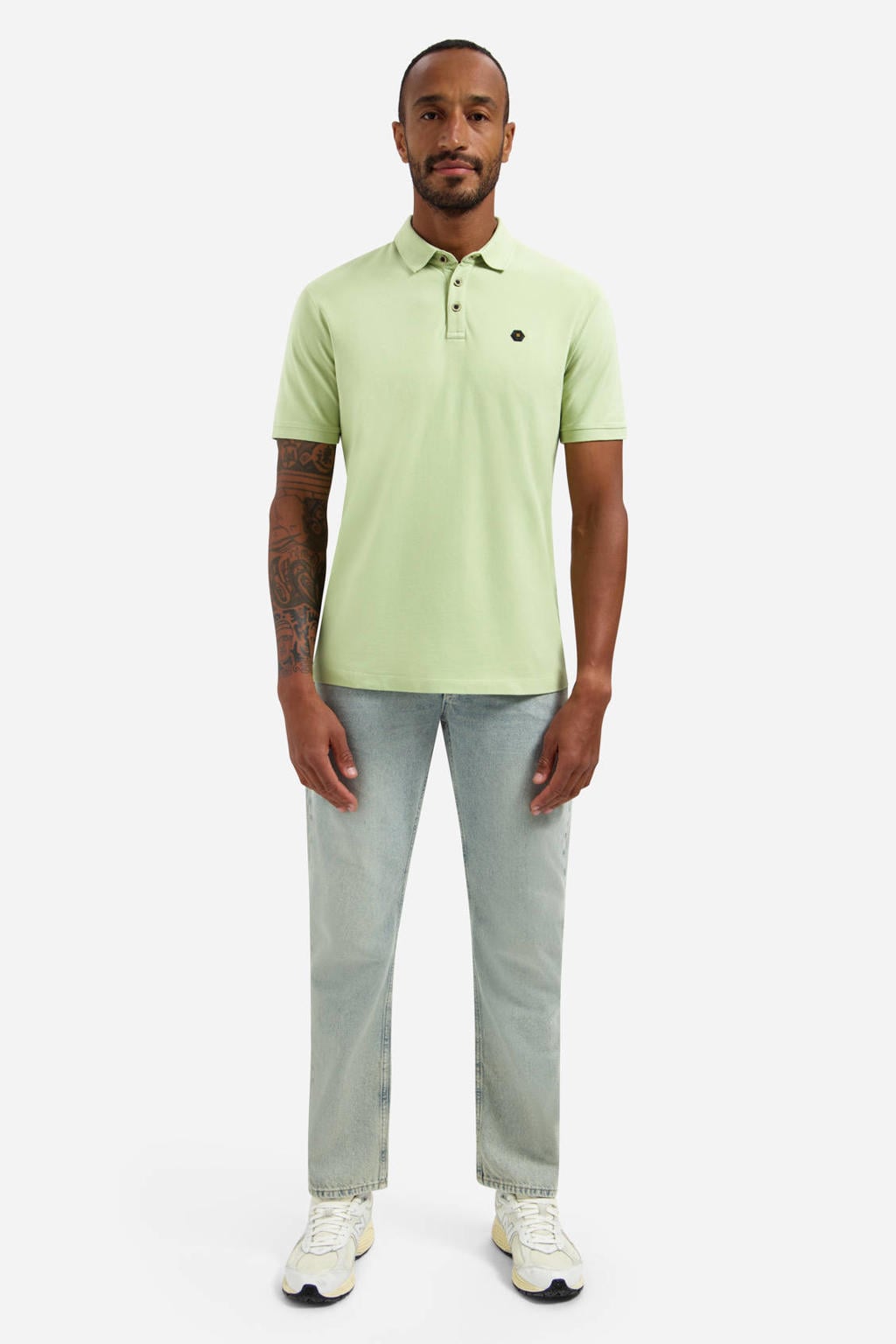 Limegroene heren No Excess regular polo groen van katoen met effen, korte mouwen en knoopsluiting