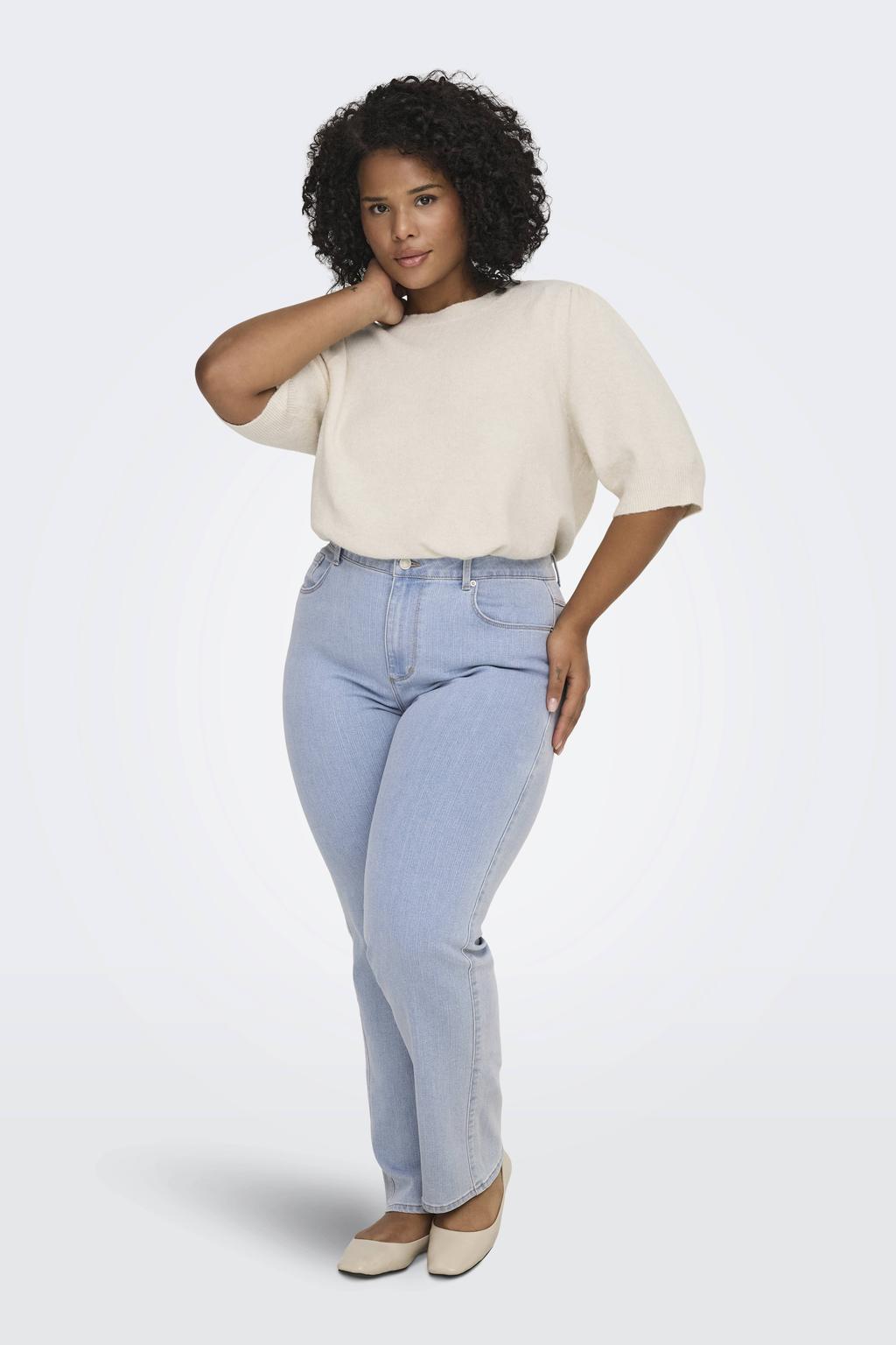 Ecru dames ONLY CARMAKOMA trui gebreid van polyester met lange mouwen en ronde hals