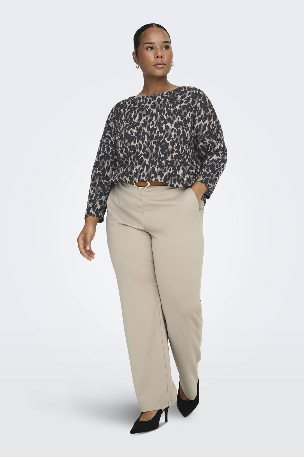 Beige dames ONLY CARMAKOMA Straight regular waist casual broek van viscose met elastische inzet en effen