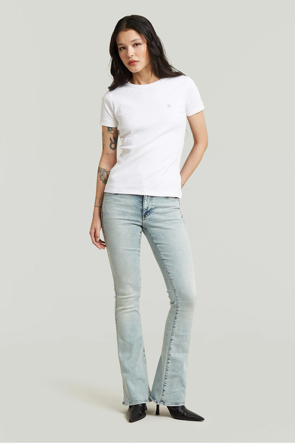 Witte dames G-STAR T-shirt van katoen met effen, korte mouwen en ronde hals