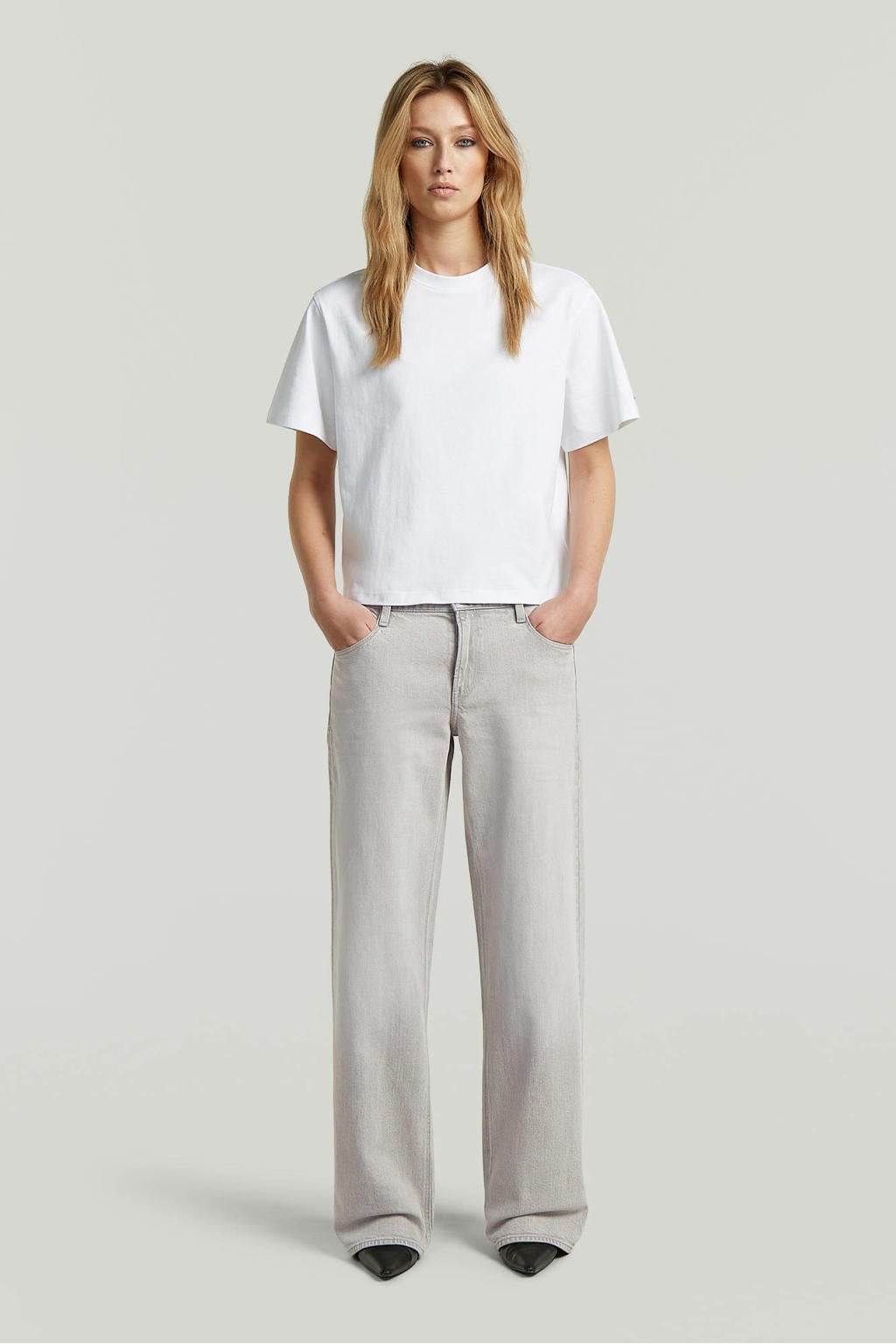 Grey denim dames G-STAR low waist loose fit jeans van katoen met rits- en drukknoopsluiting en effen