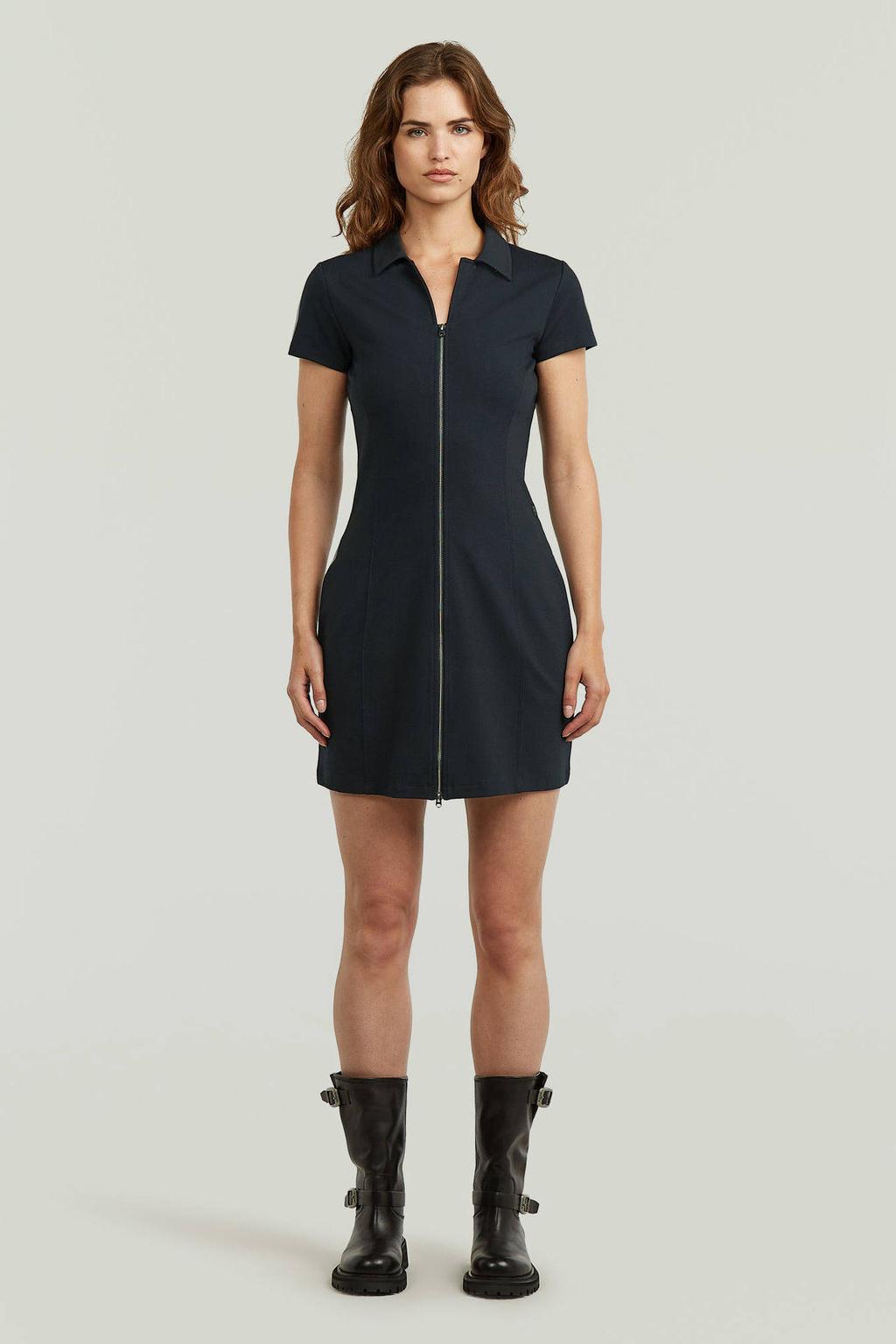 Donkerblauwe dames G-STAR mini jurk mouwen van viscose met effen, korte mouwen, V-hals en ritssluiting