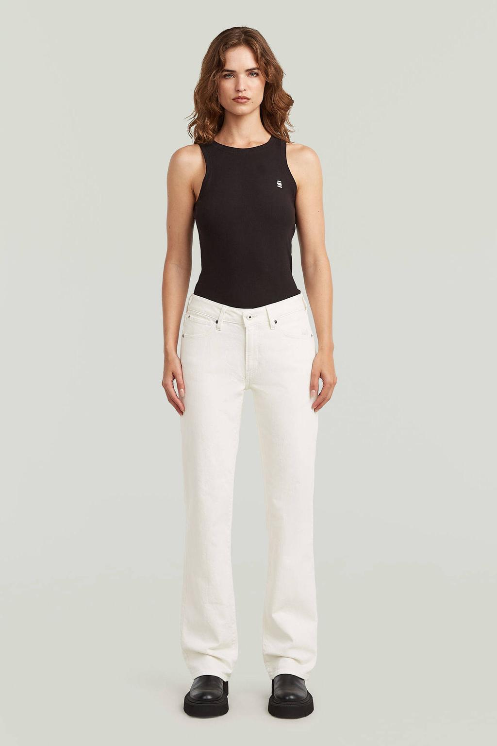 Ecru dames G-STAR straight leg jeans van denim met rits- en drukknoopsluiting en effen