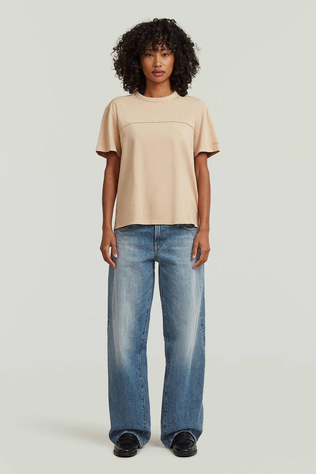 Beige dames G-STAR top met effen, korte mouwen, ronde hals en textuur