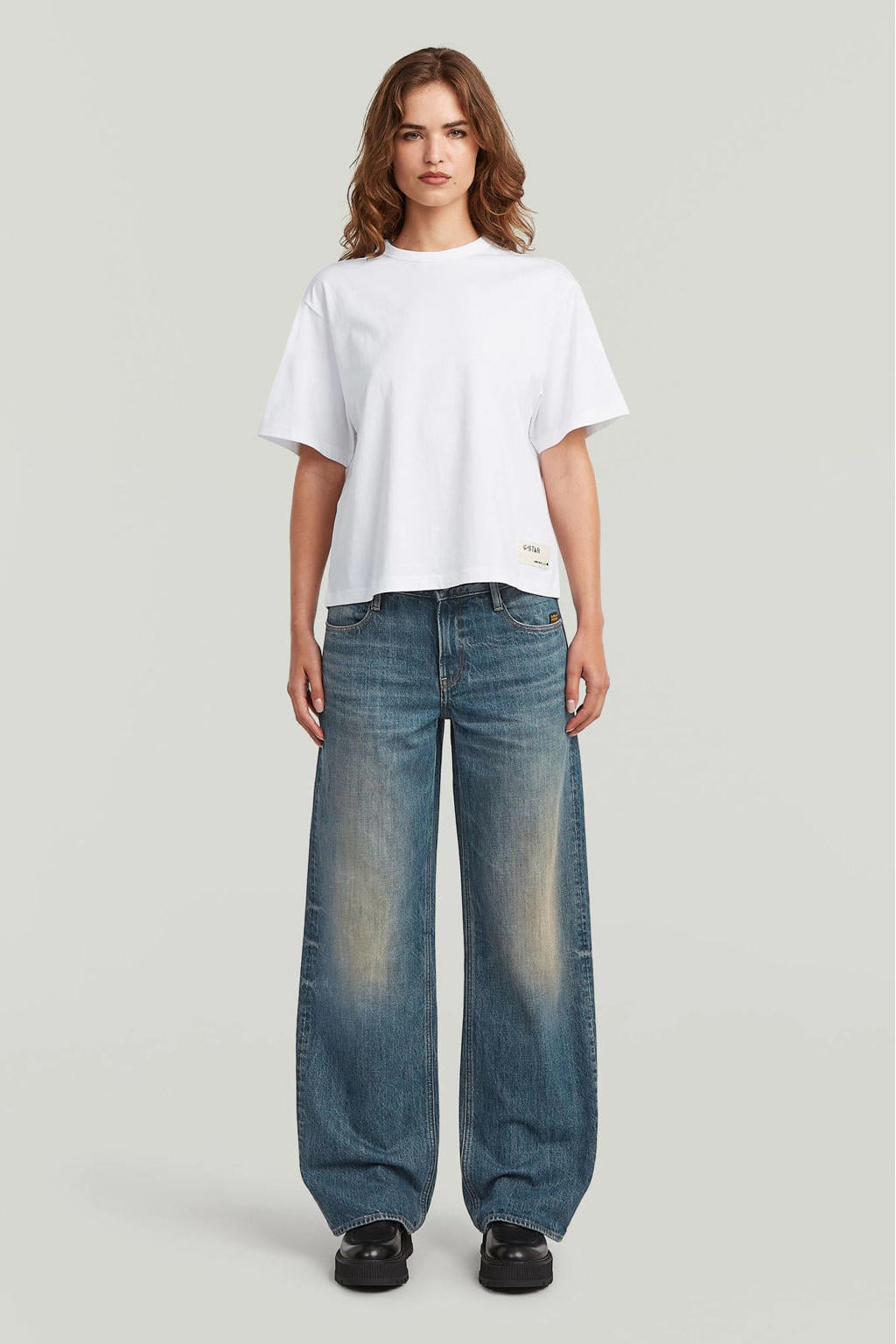 Dark blue denim dames G-STAR low waist loose fit jeans van katoen met rits- en drukknoopsluiting en effen