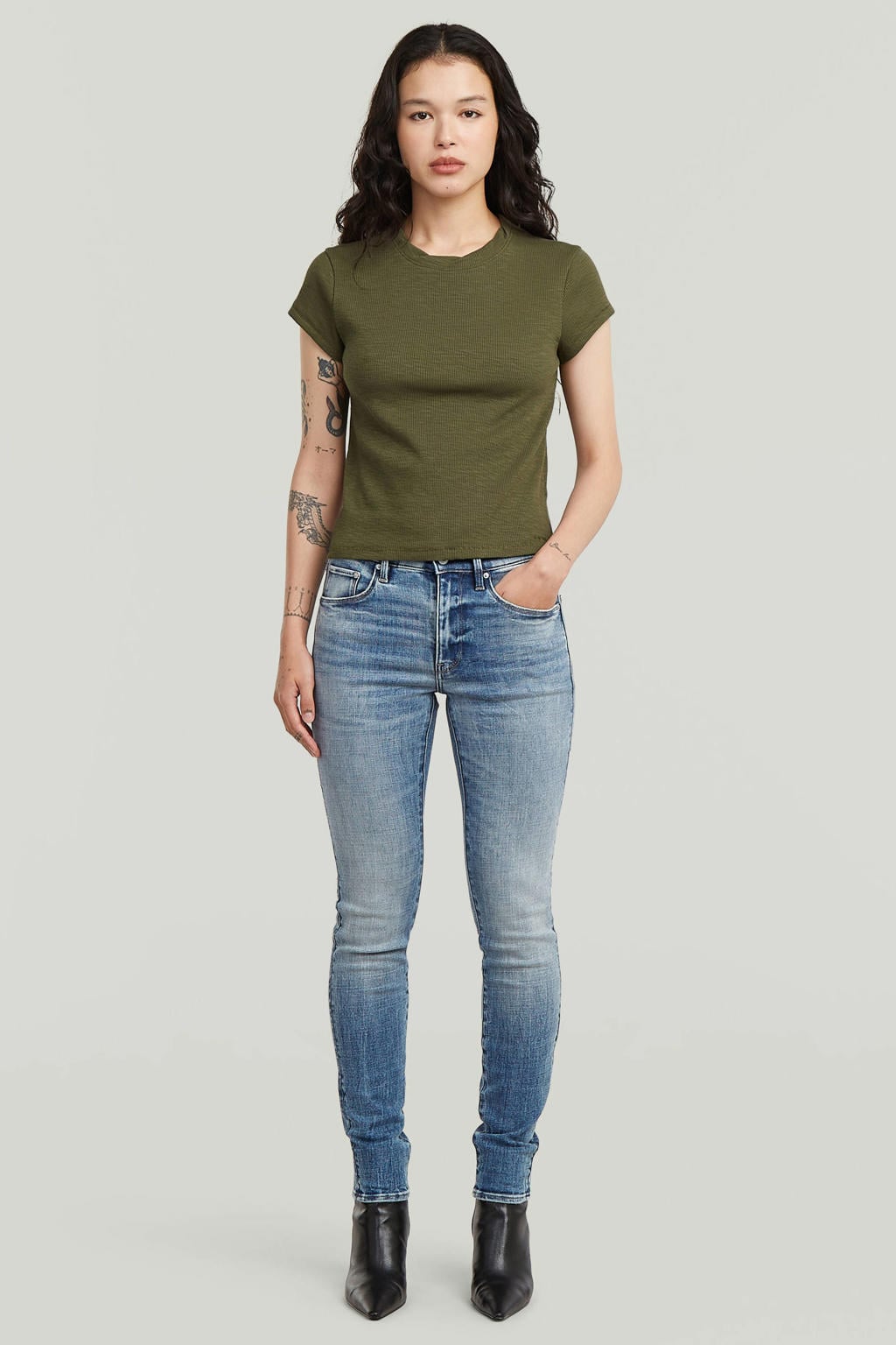 Medium blue denim dames G-STAR low waist skinny jeans van katoen met rits- en drukknoopsluiting en effen