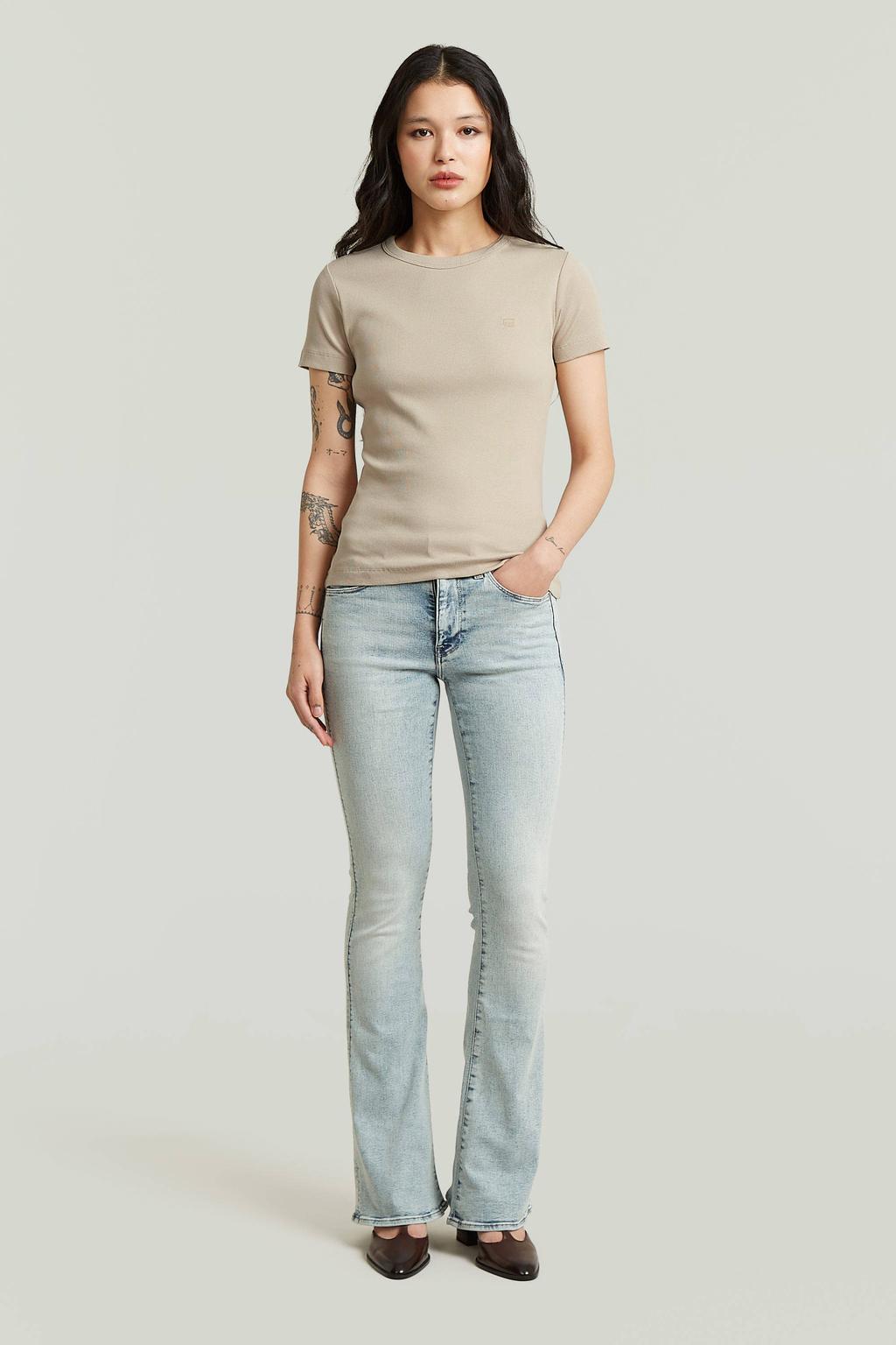 Beige dames G-STAR T-shirt van katoen met effen, korte mouwen en ronde hals