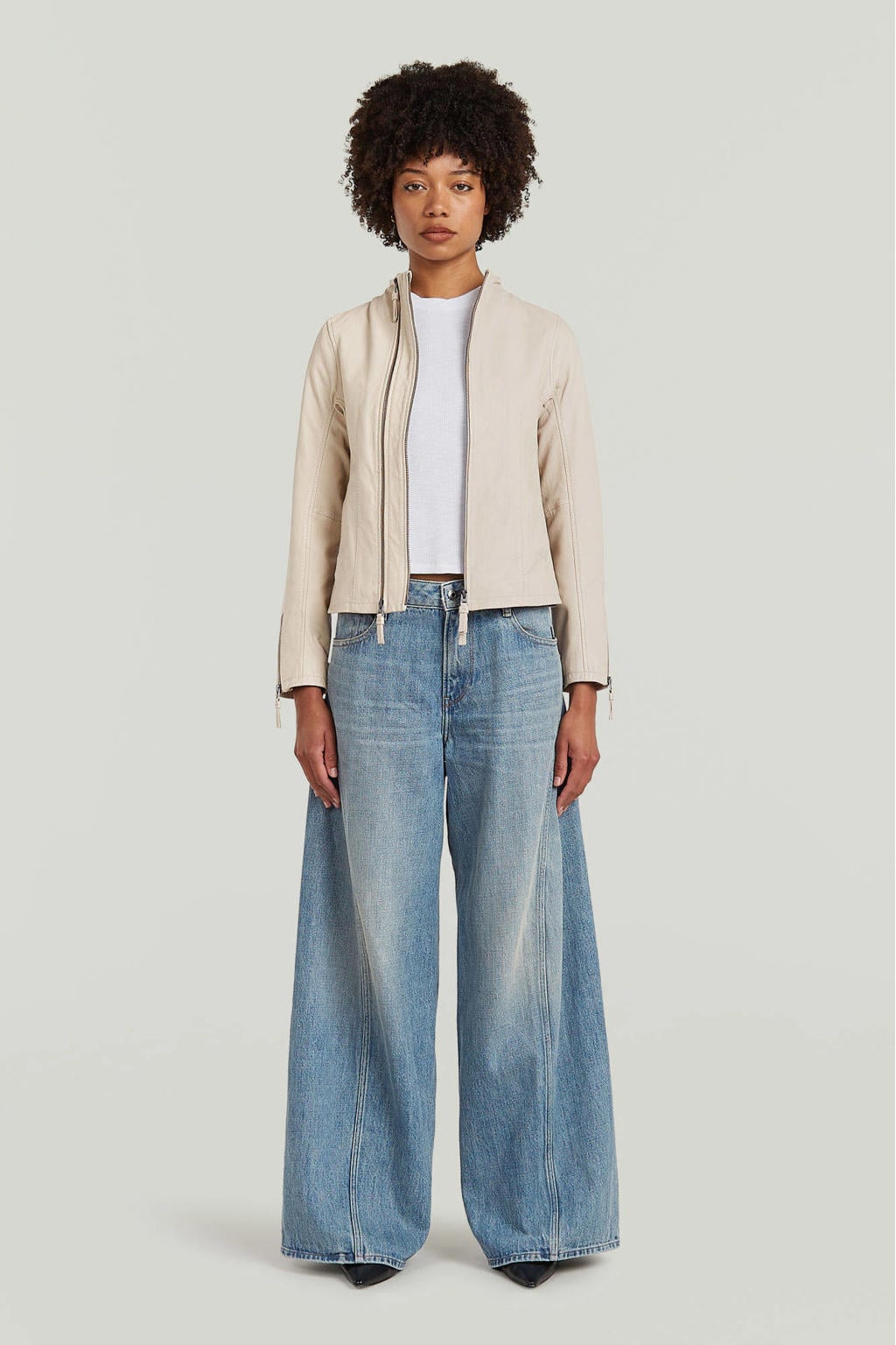 Lichtblauwe dames G-STAR wide leg jeans van denim met rits- en drukknoopsluiting en effen