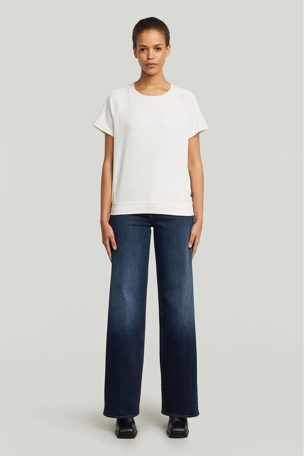 Witte dames G-STAR top met effen, korte mouwen, ronde hals en elastische boord