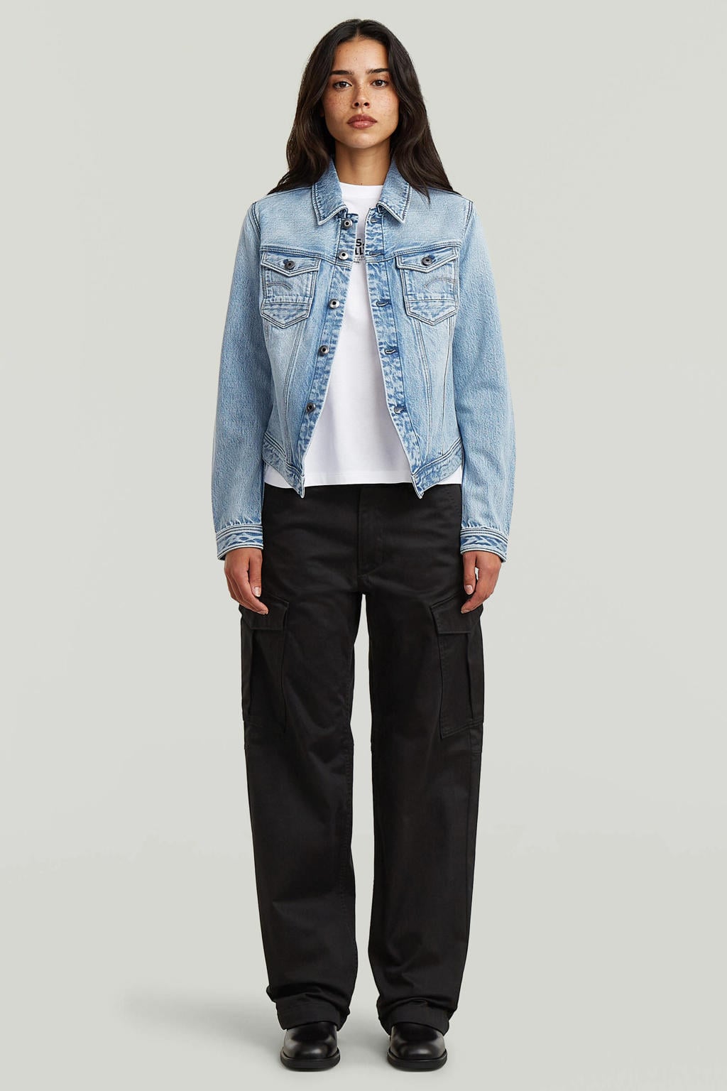 Light blue denim dames G-STAR spijkerjas van denim met effen, lange mouwen, klassieke kraag en knoopsluiting