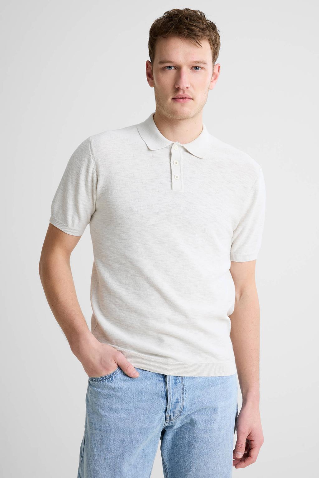 Beige heren No Excess regular polo fijn gebreid van katoen met effen, korte mouwen en knoopsluiting