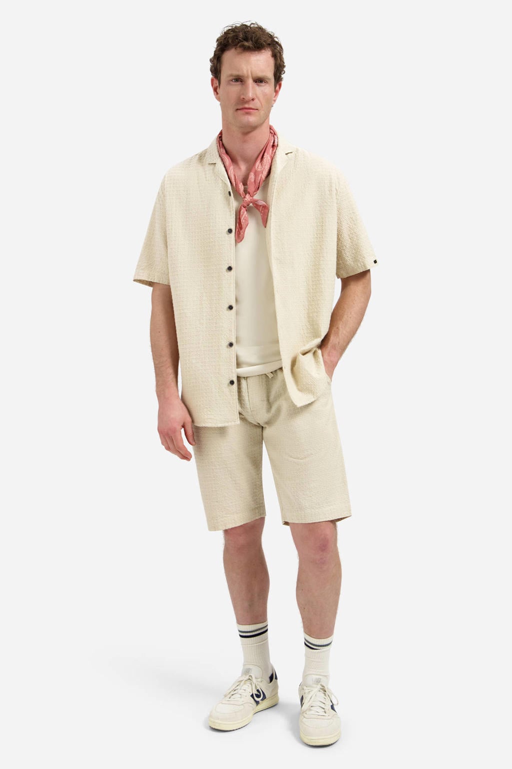 Beige heren No Excess regular casual overhemd van katoen met effen, korte mouwen, reverskraag en knoopsluiting